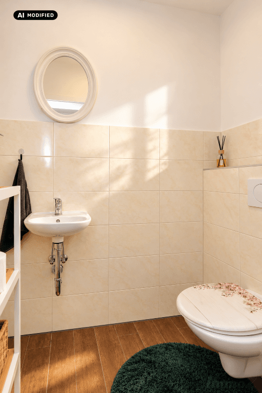 Kleines Gäste-WC mit Handwaschbecken, Toilette und beigefarbenen Wandfliesen.