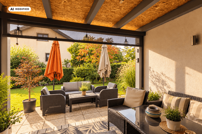Überdachte Terrasse mit gemütlichen Loungemöbeln und Blick in den grünen Garten.