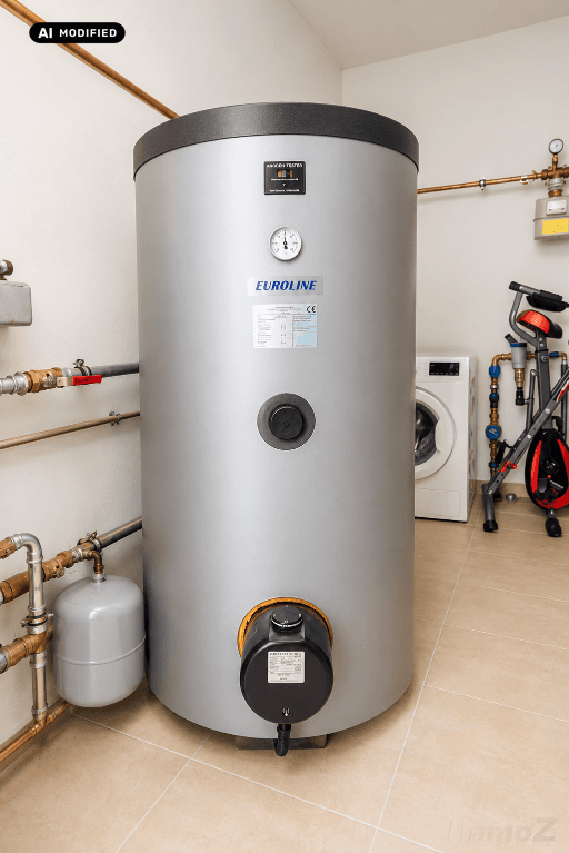 Hauswirtschaftsraum mit Warmwasserspeicher, Waschmaschine und Fliesenboden.