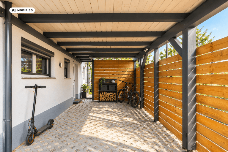 Überdachter Carport mit Holzverkleidung, Abstellfläche für Fahrräder und Roller.