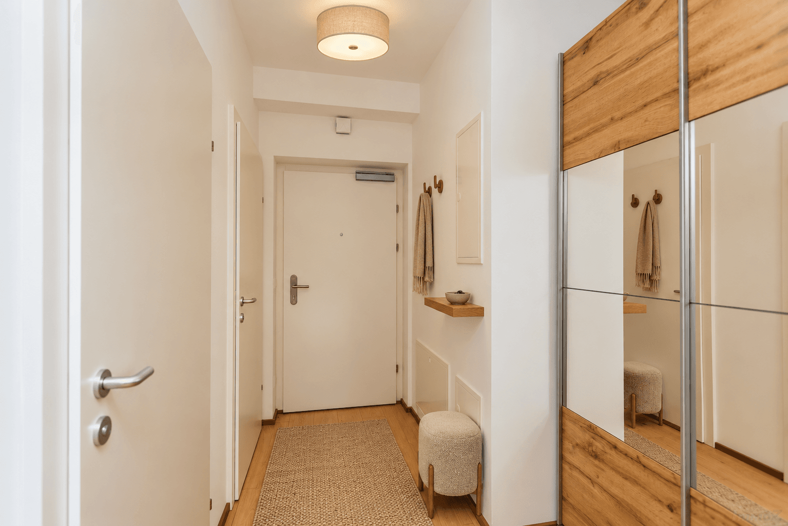 Heller Eingangsbereich mit modernem Spiegelschrank und Holzboden.
