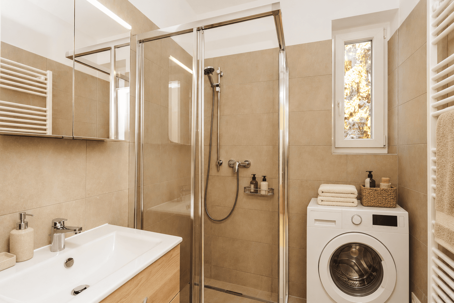 Modernes Badezimmer mit ebenerdiger Dusche, Waschbecken und Waschmaschine.