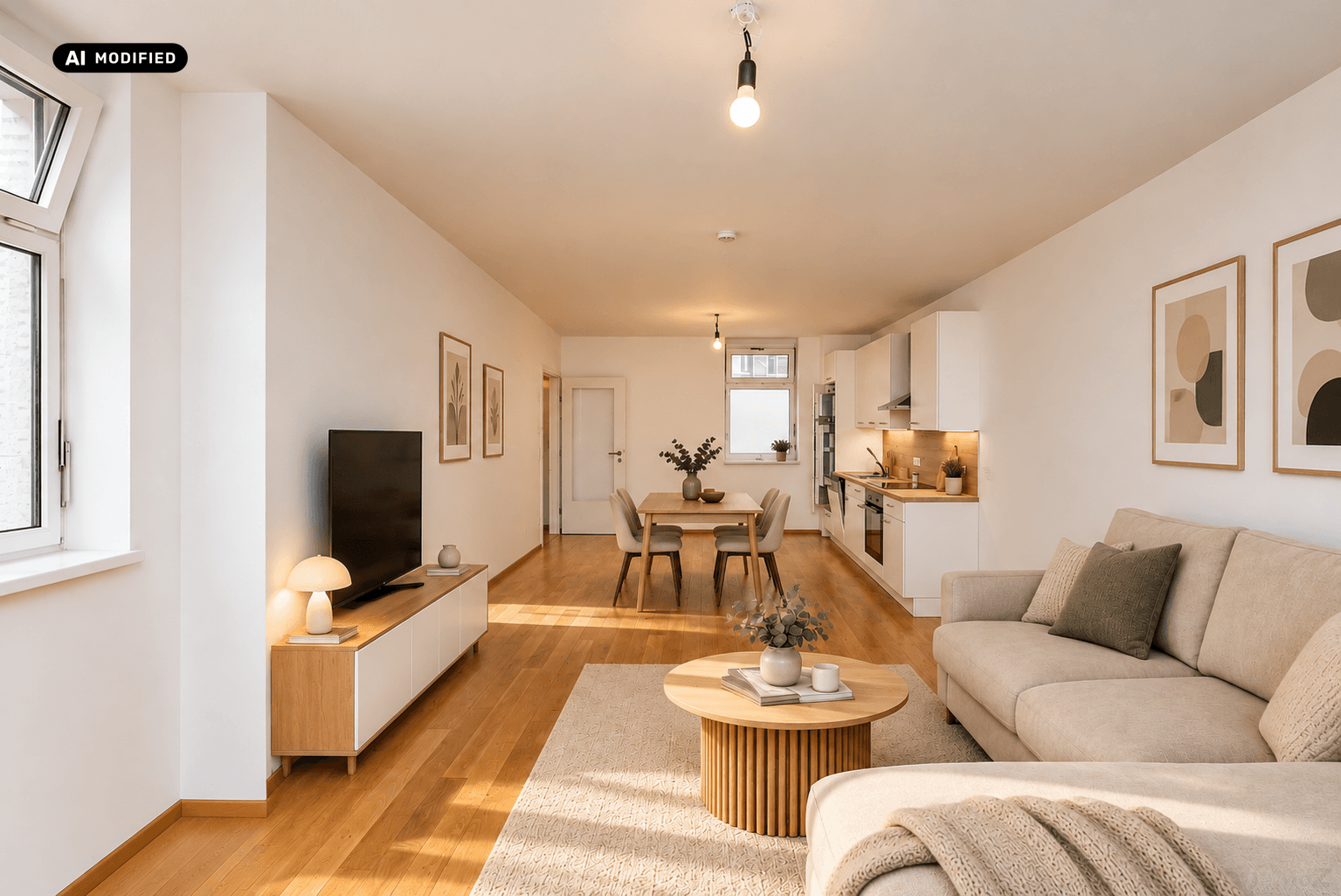 KI-bearbeitet – Skandinavisches Wohnzimmer mit Küche