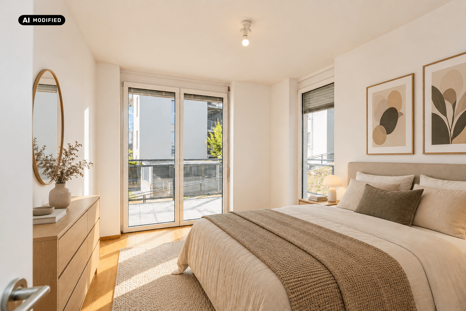 KI-bearbeitet – Helles Schlafzimmer mit Balkonblick