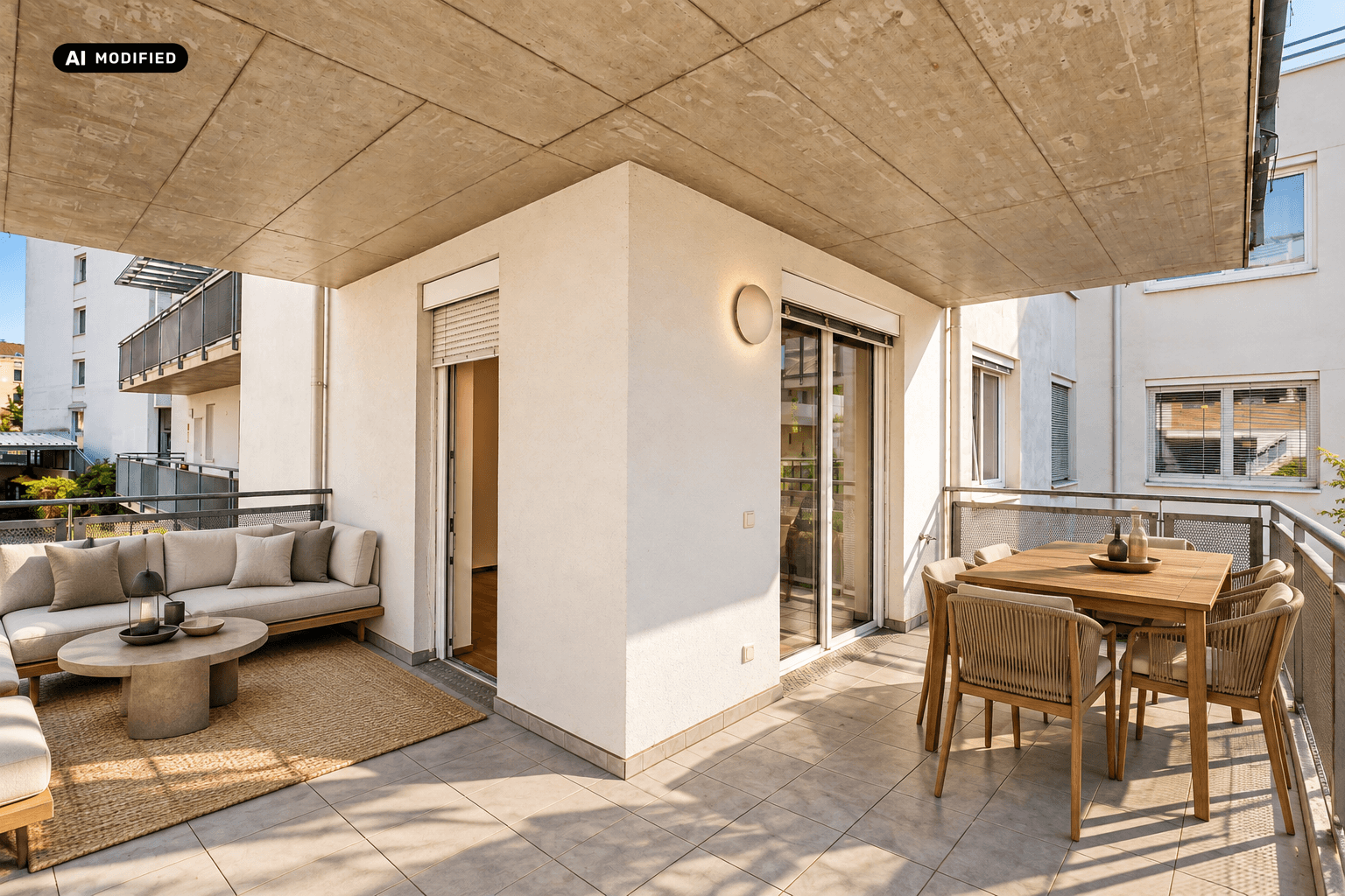 KI-bearbeitet – Moderne Balkonlounge im Sonnenlicht
