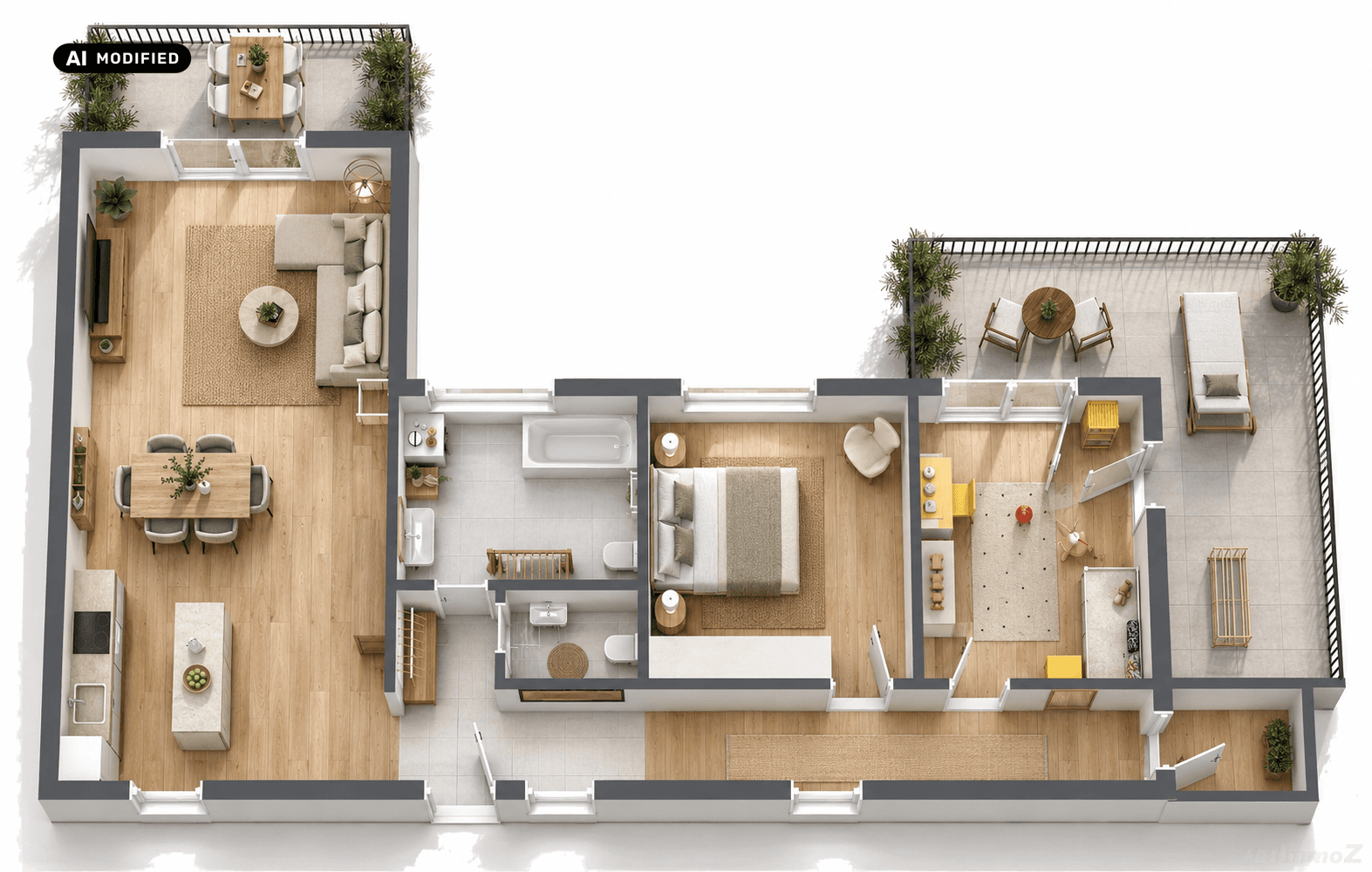 KI-bearbeitet – Skandinavischer Wohnungsgrundriss mit Terrassen