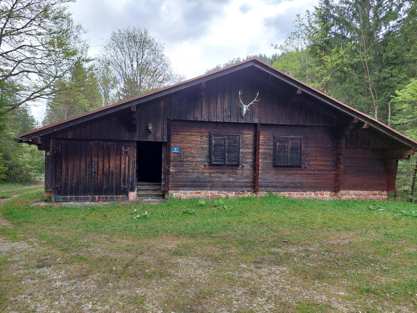 Frontansicht der rustikalen Holzhütte mit dunkler Holzfassade, Fensterläden und Hirschgeweih am Giebel.