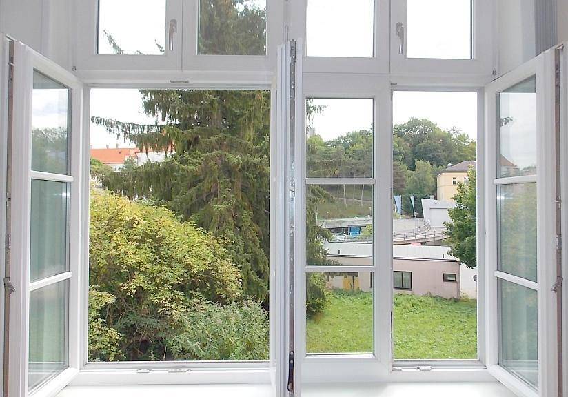 Offenes Fenster bietet einen weiten Blick auf grüne Bäume und die umliegende Bebauung.
