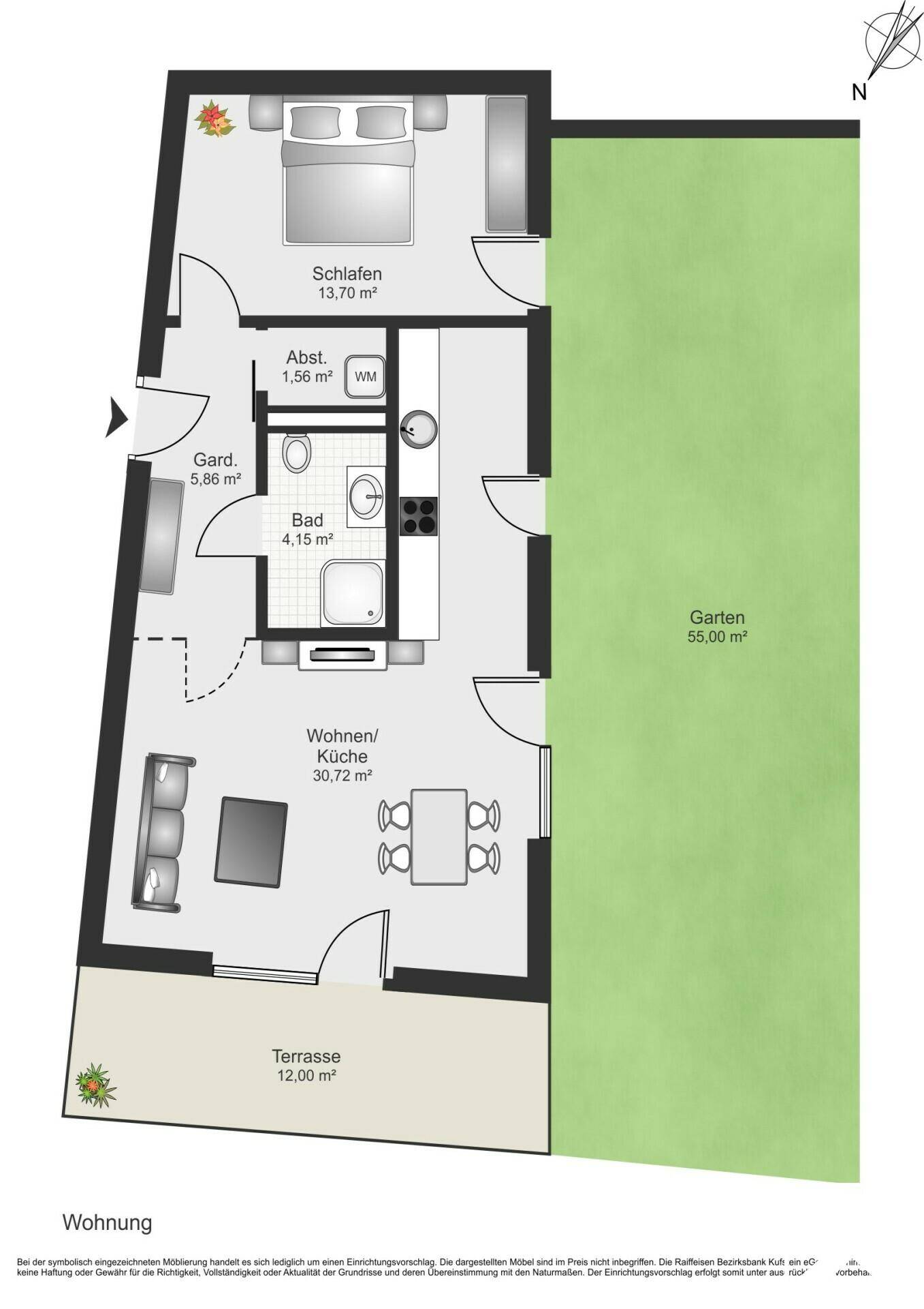Grundriss einer Wohnung mit Schlafzimmer, Wohnküche, Bad, Terrasse und Gartenanteil.