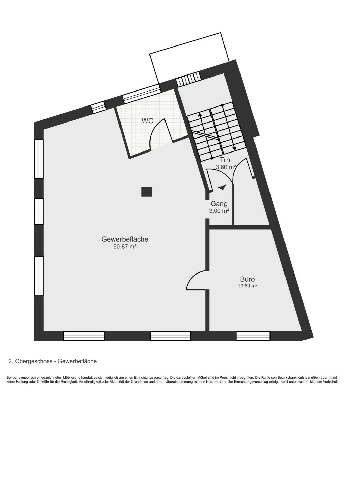 Grundriss des Obergeschosses mit Gewerbefläche, Büro und separatem WC.