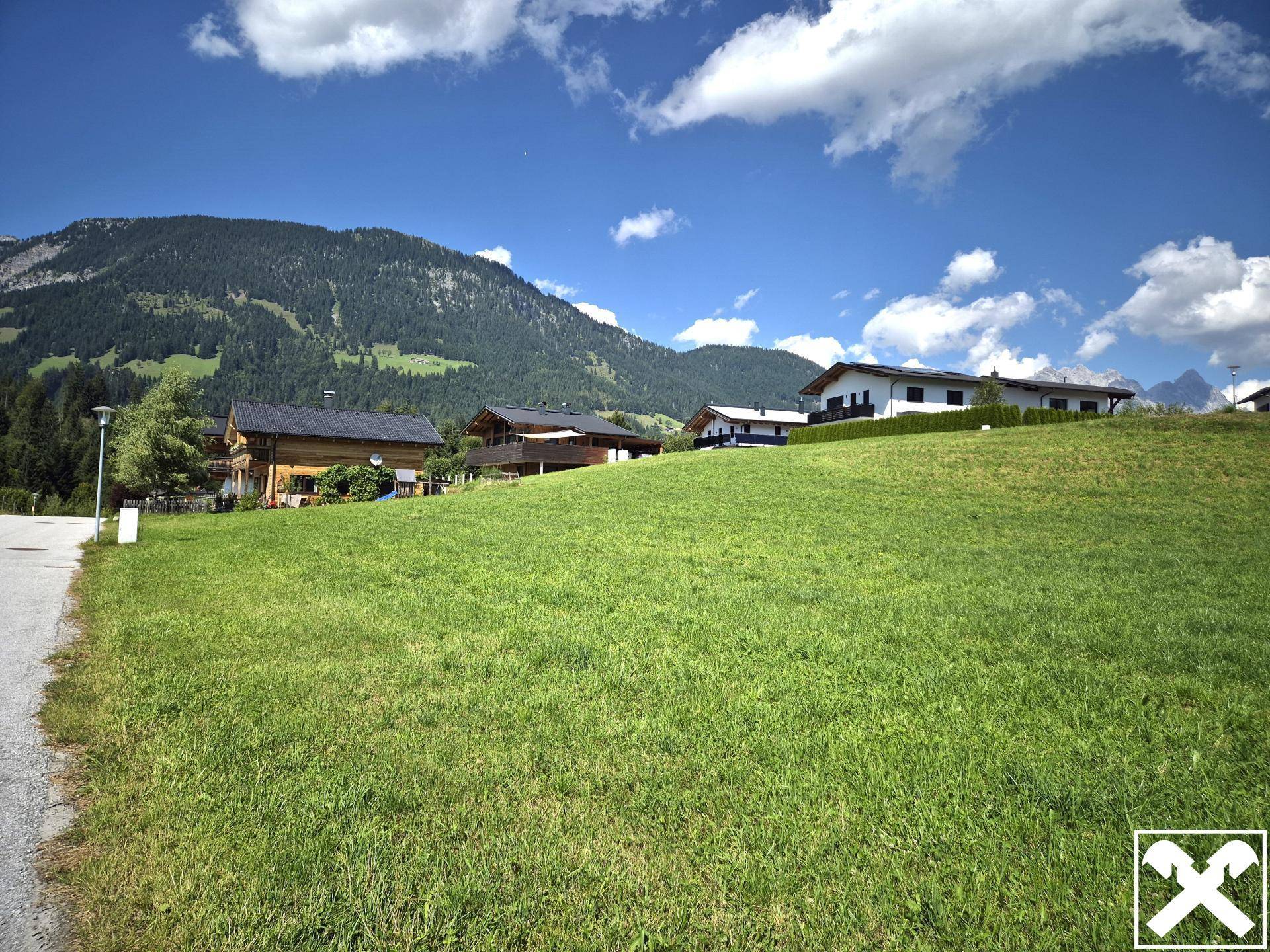 Grüner Hang mit Blick auf mehrere Wohnhäuser und bewaldete Berge unter blauem Himmel.