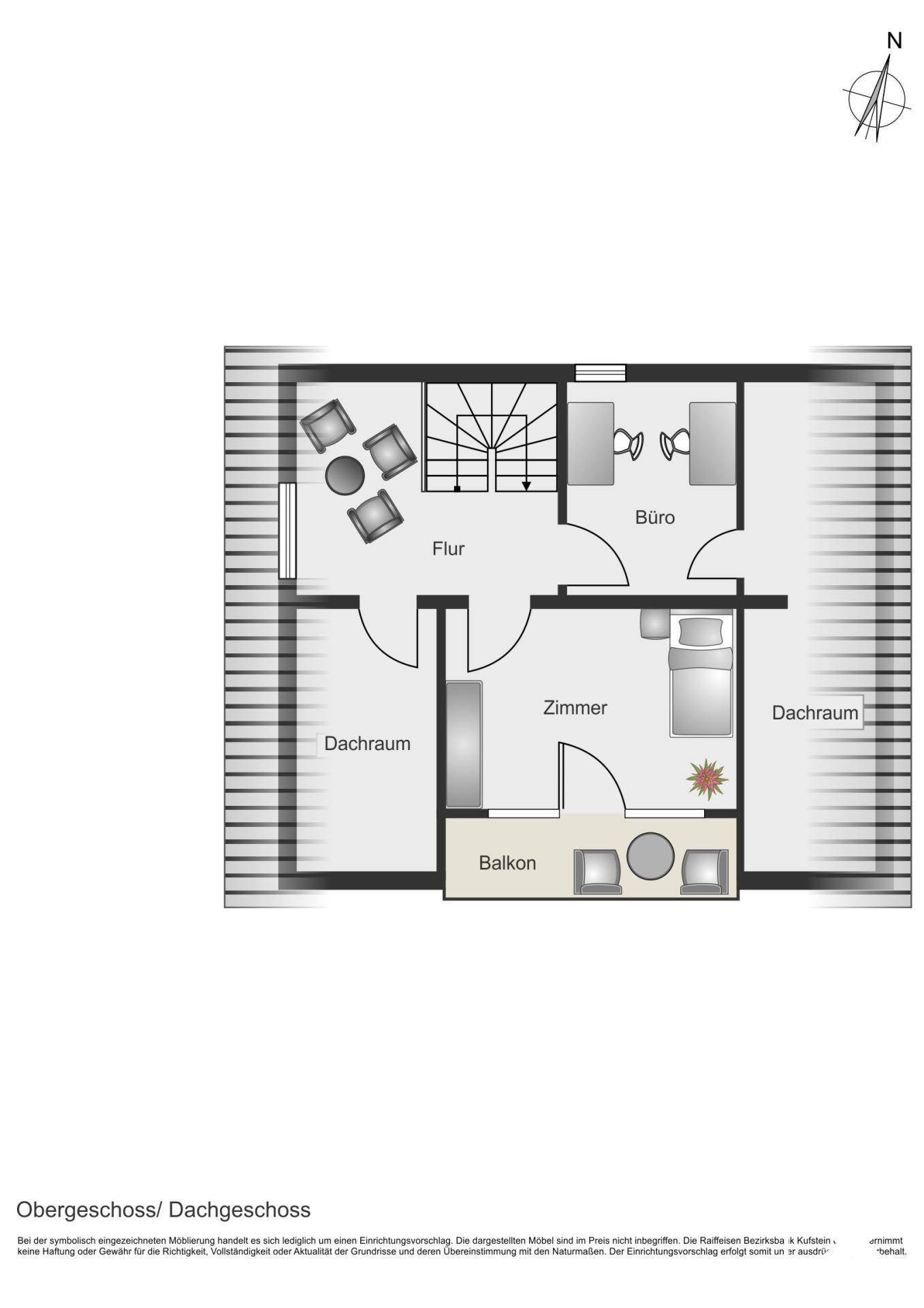 Grundriss des Obergeschosses mit Zimmern, Büro und Balkon unter dem Dach.