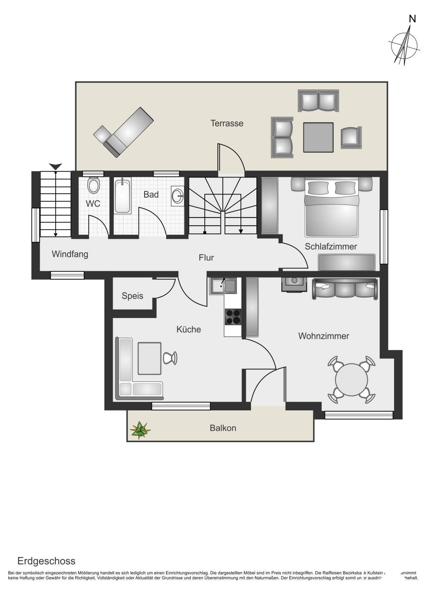 Grundriss des Erdgeschosses mit Küche, Wohnzimmer, Schlafzimmer und Terrasse.