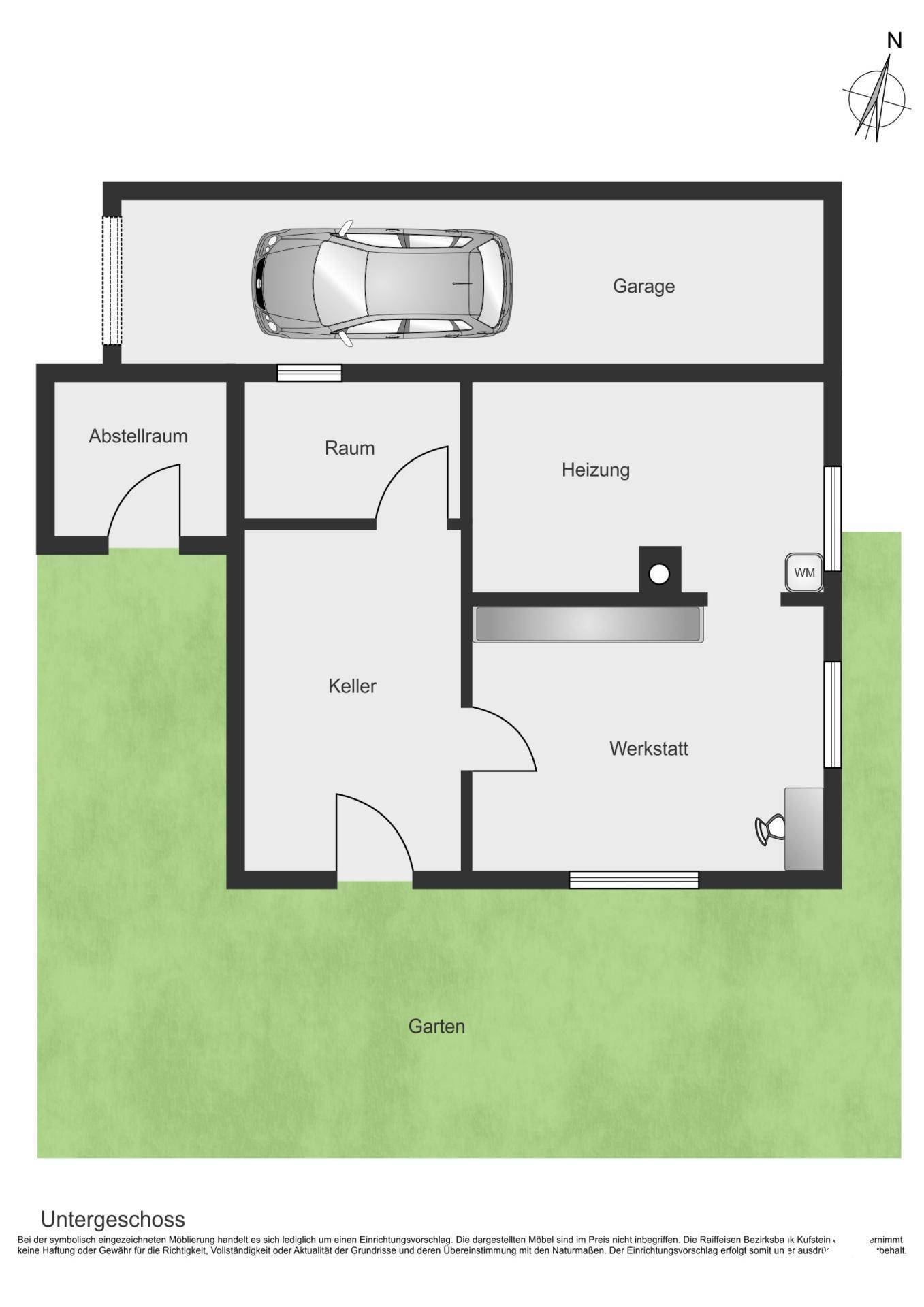 Grundriss des Untergeschosses mit Garage, Keller, Abstellraum und Werkstatt.