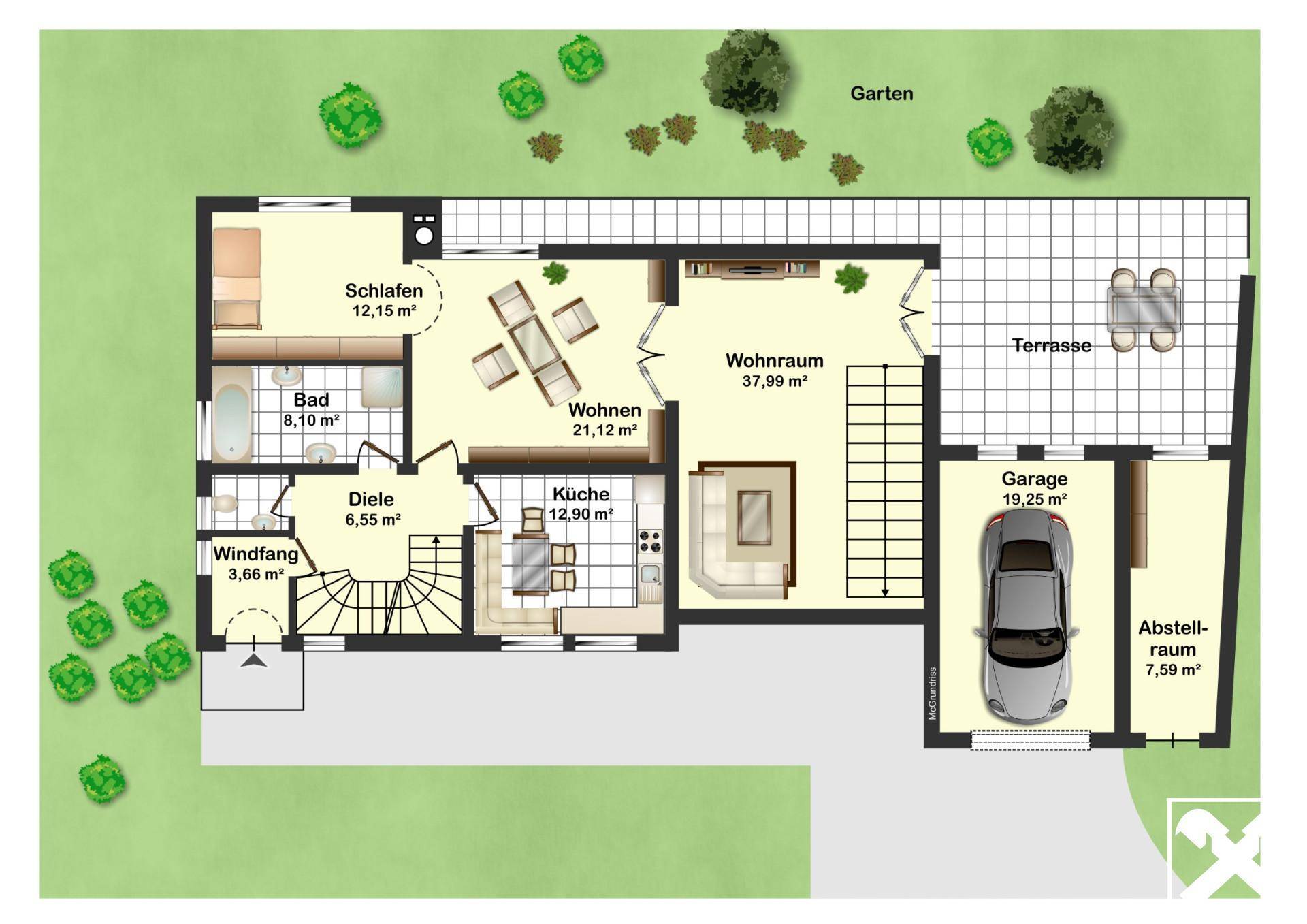 Detaillierter Grundriss des Erdgeschosses mit Wohnraum, Küche, Bad und Garage.