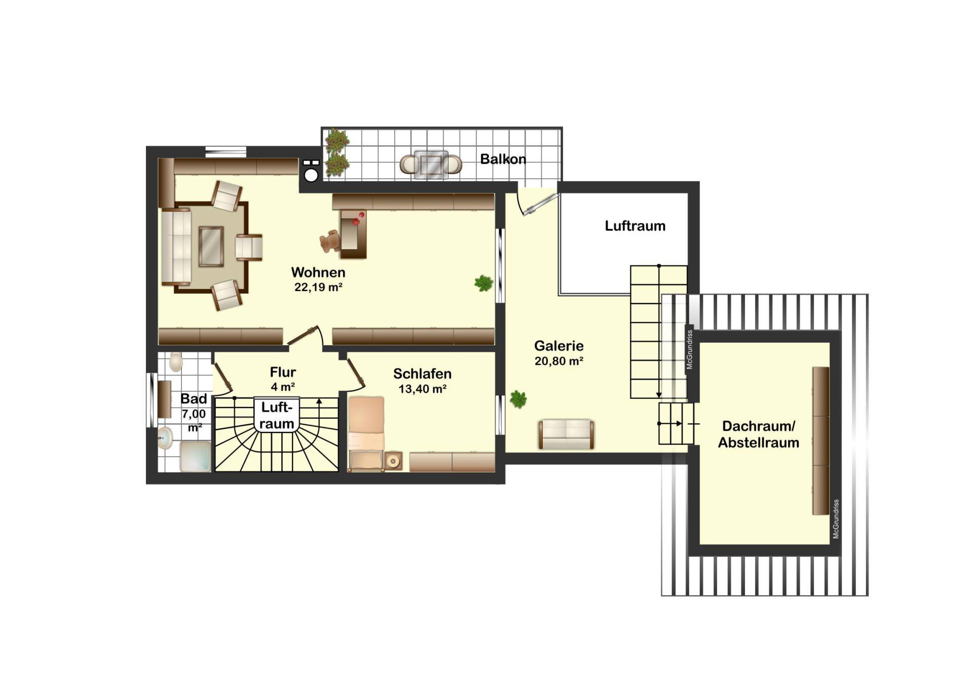 Grundriss des Obergeschosses mit Wohnbereich, Schlafzimmer, Bad und Balkon.