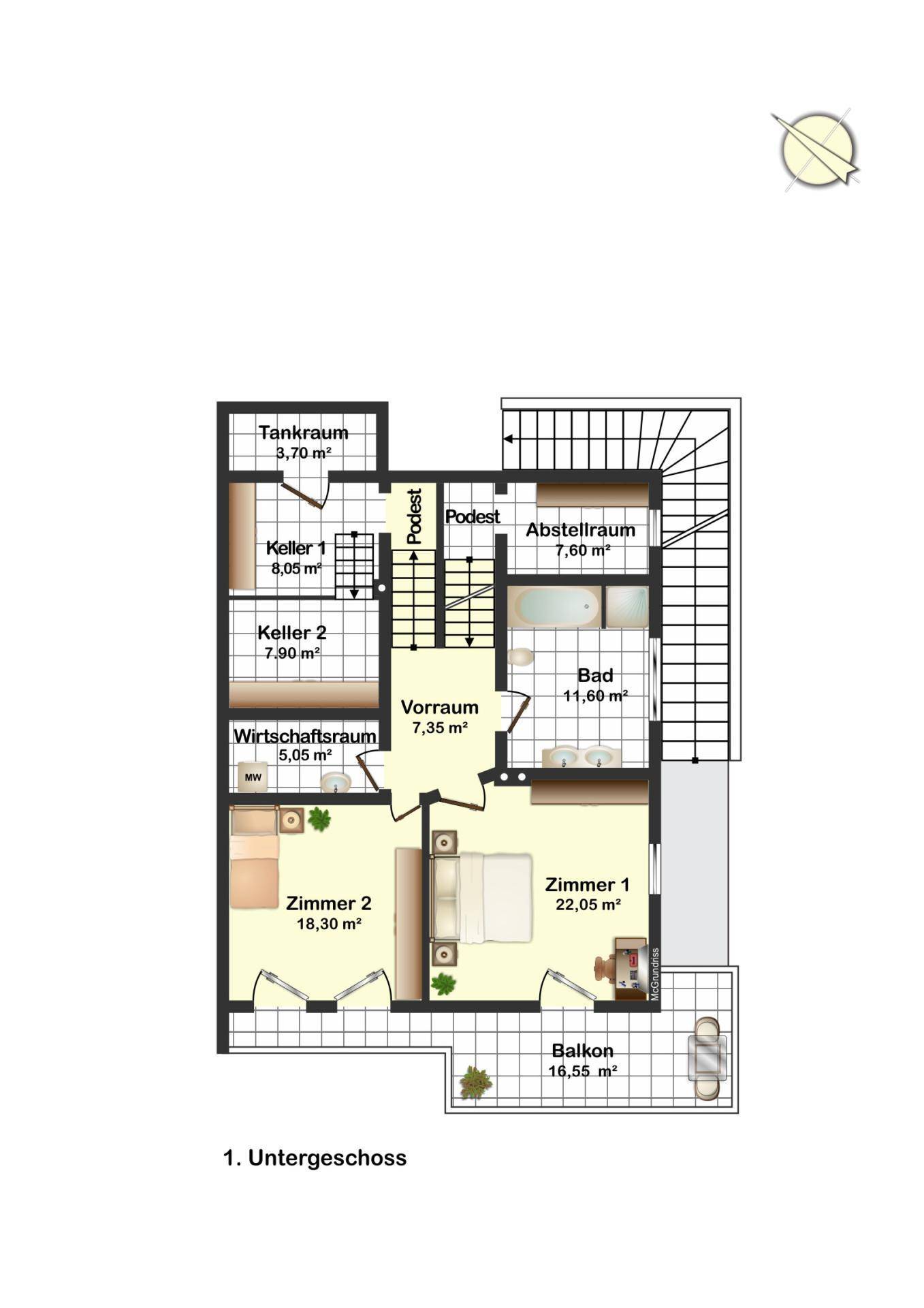 Grundriss des 1. Untergeschosses mit zwei Schlafzimmern, Bad, Balkon und Kellerräumen.