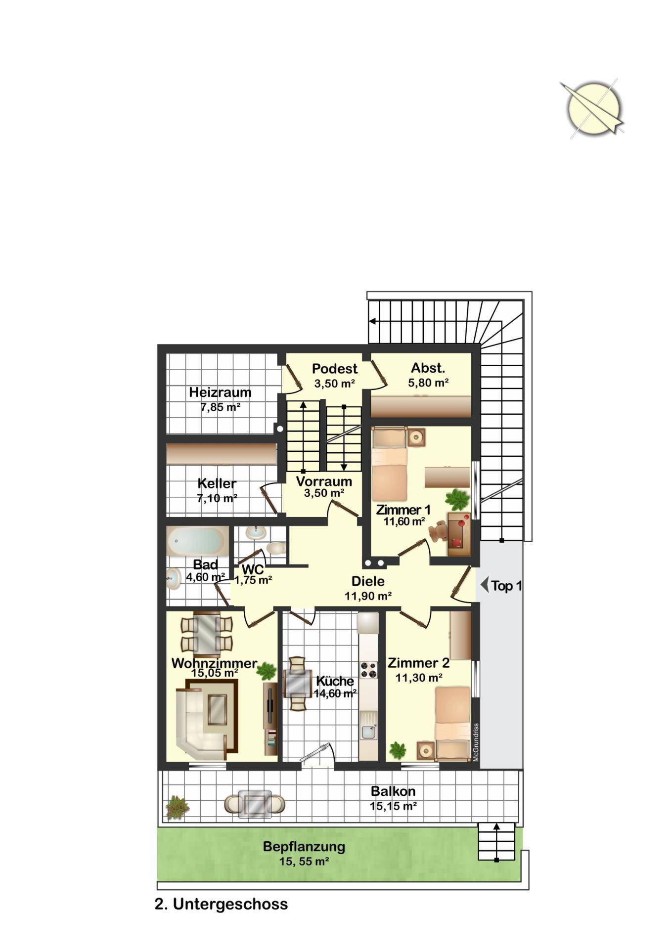 Grundriss des 2. Untergeschosses mit Wohnzimmer, Küche, Bad und Heizraum.