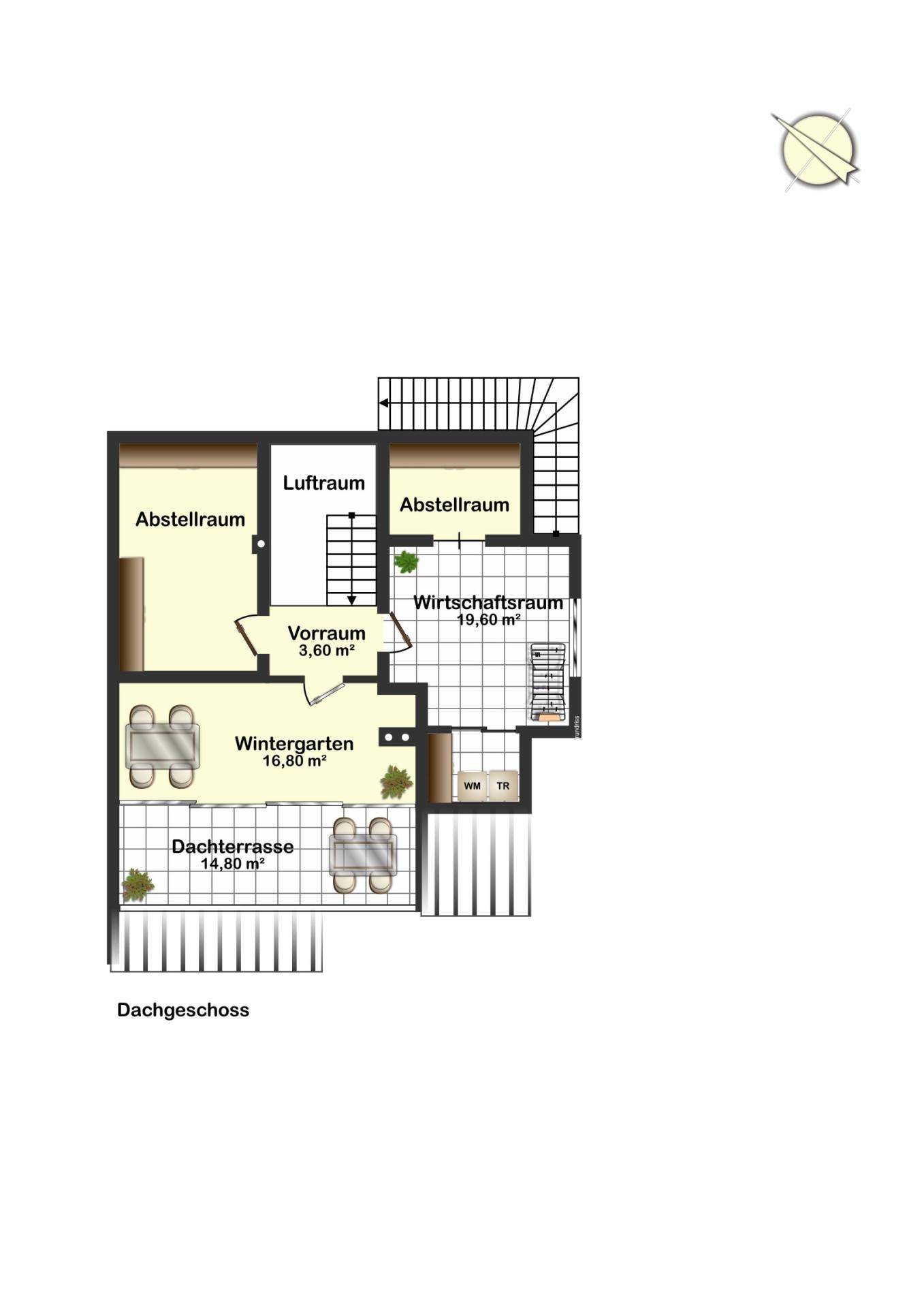 Grundriss des Dachgeschosses mit Wintergarten, Dachterrasse und Abstellräumen.