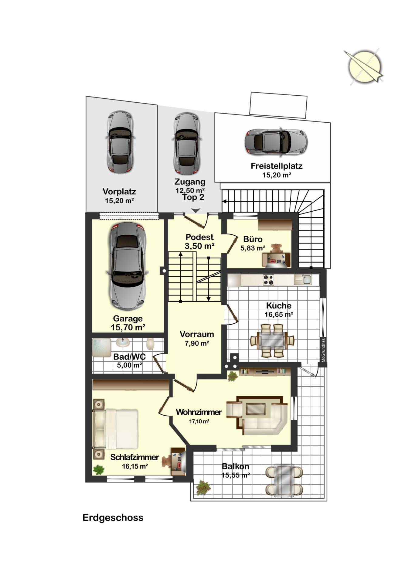 Grundriss des Erdgeschosses mit Wohnzimmer, Küche, Schlafzimmer und Garage.