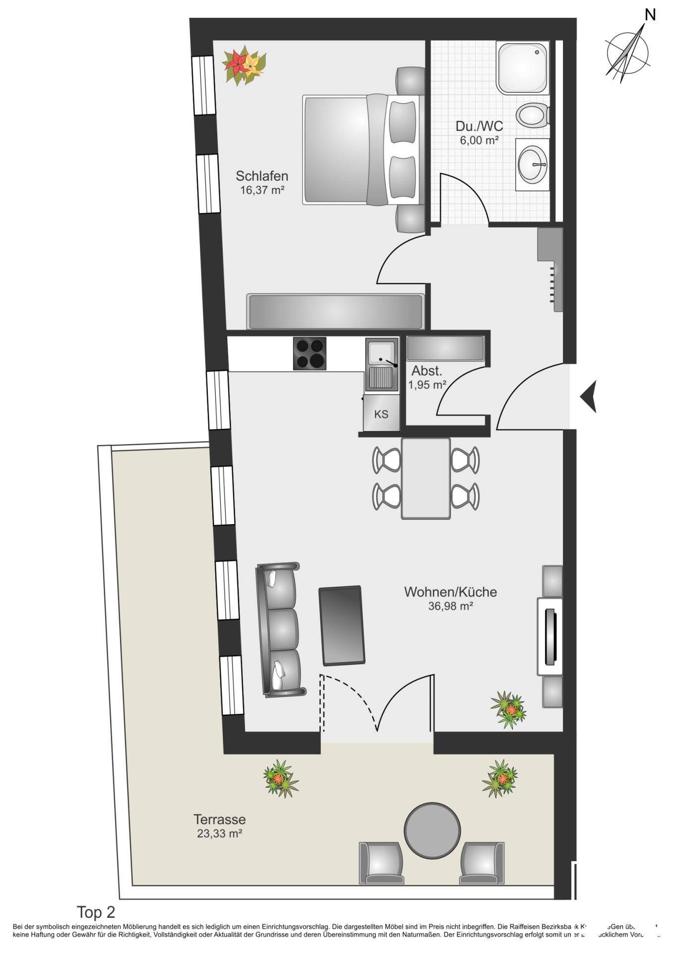 Detaillierter Grundriss einer Wohnung mit Schlafzimmer, Wohnküche und großer Terrasse.