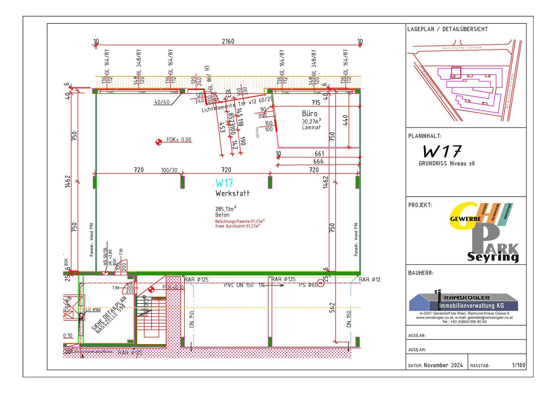 Detaillierter Lageplan und Grundriss des Gewerbeobjekts W17 mit Werkstatt und Büroflächen.