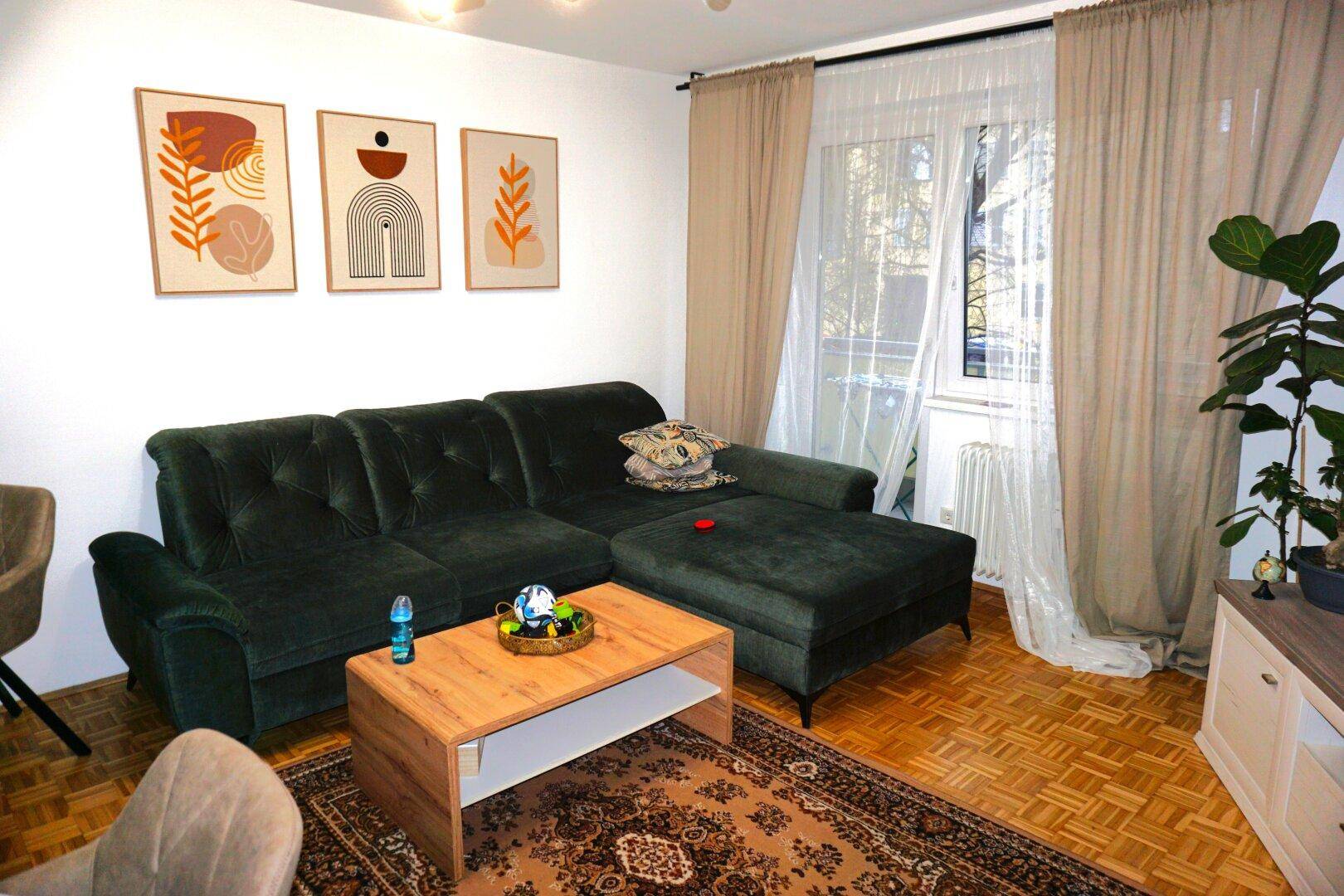 Gemütliches Wohnzimmer mit dunkelgrünem Ecksofa, Holzboden und viel Tageslicht durch große Fenster.