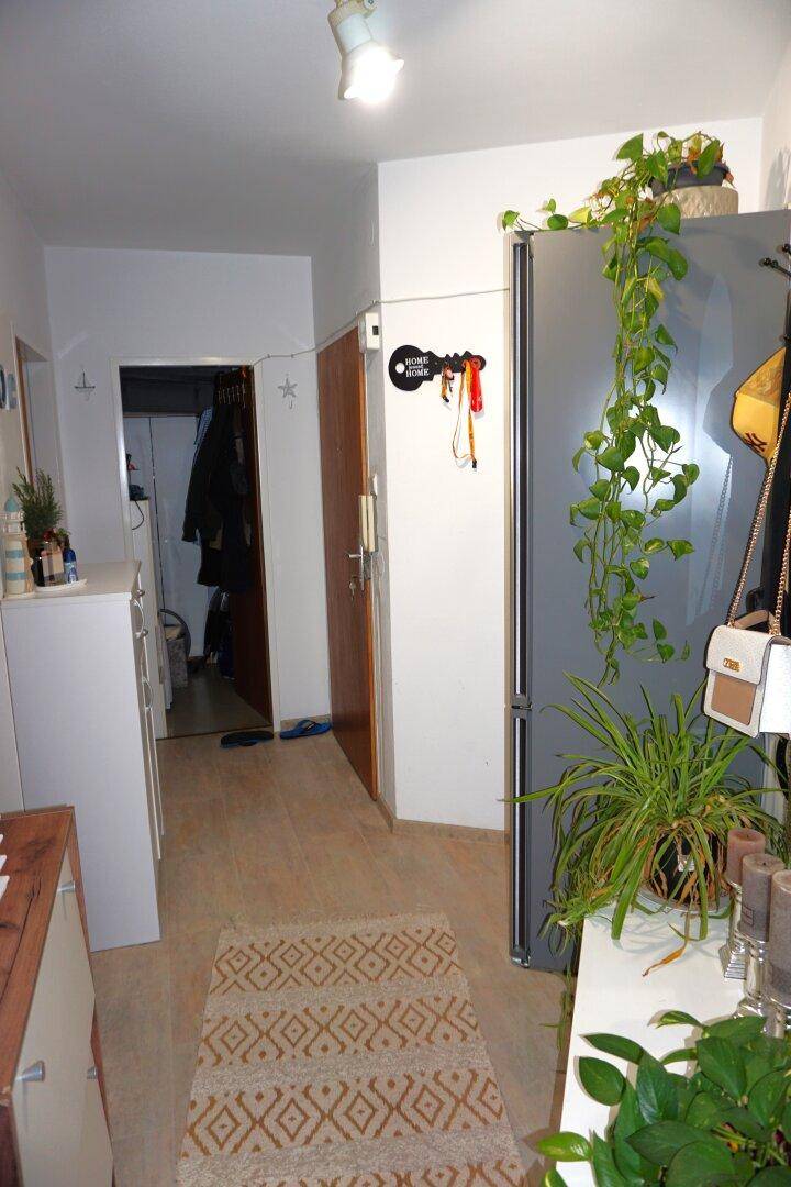 Heller Flur mit großem Kühlschrank, dekorativen Pflanzen und Zugang zu weiteren Räumen.