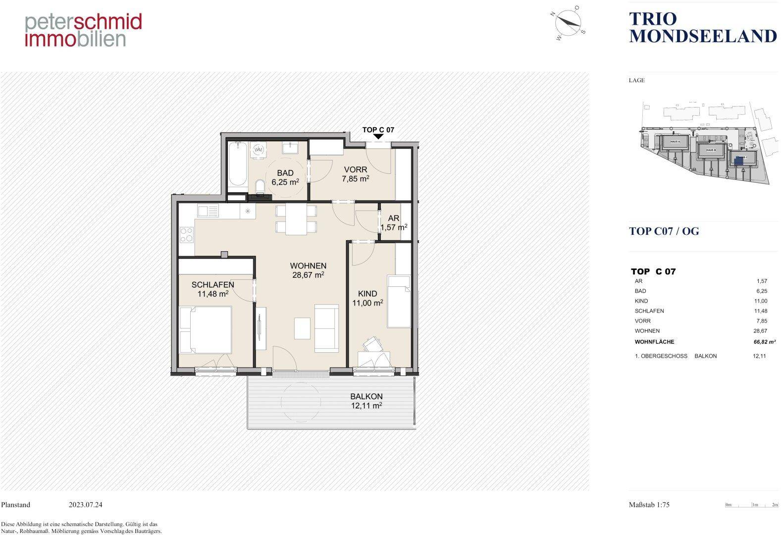 Detaillierter Grundriss einer modernen Wohnung mit zwei Schlafzimmern, offenem Wohnbereich und Balkon.