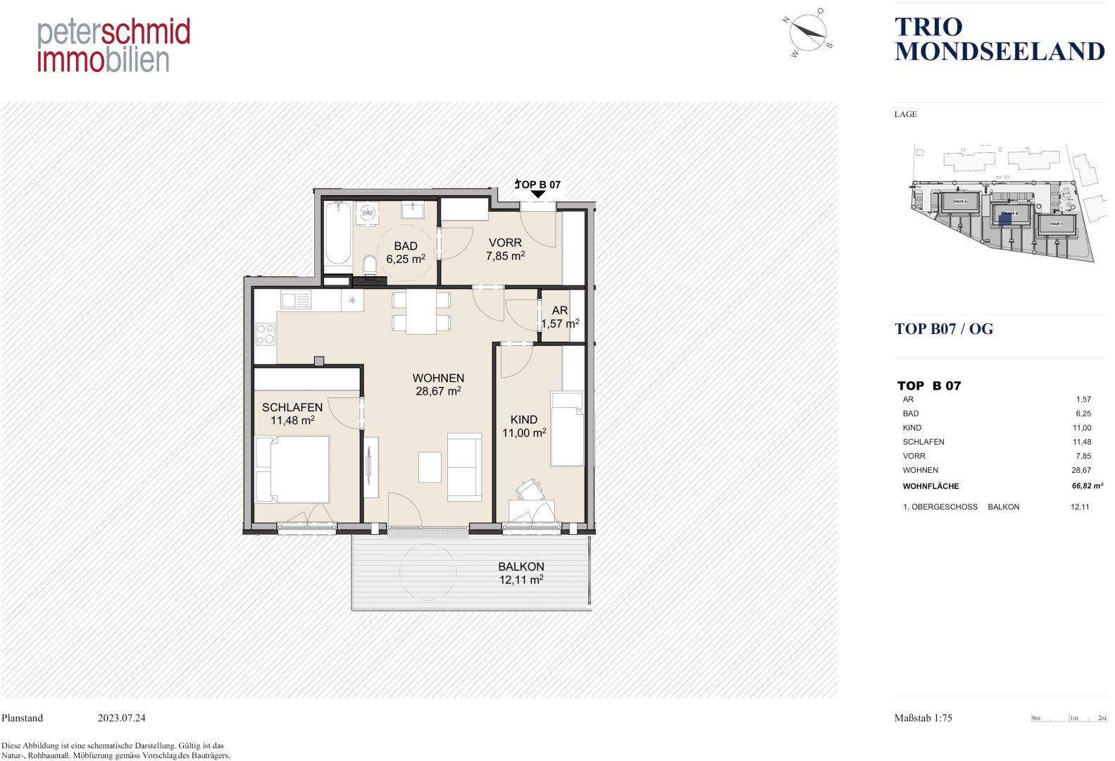 Grundriss einer Wohnung im Obergeschoss mit Wohnbereich, Schlafzimmern und Balkon.