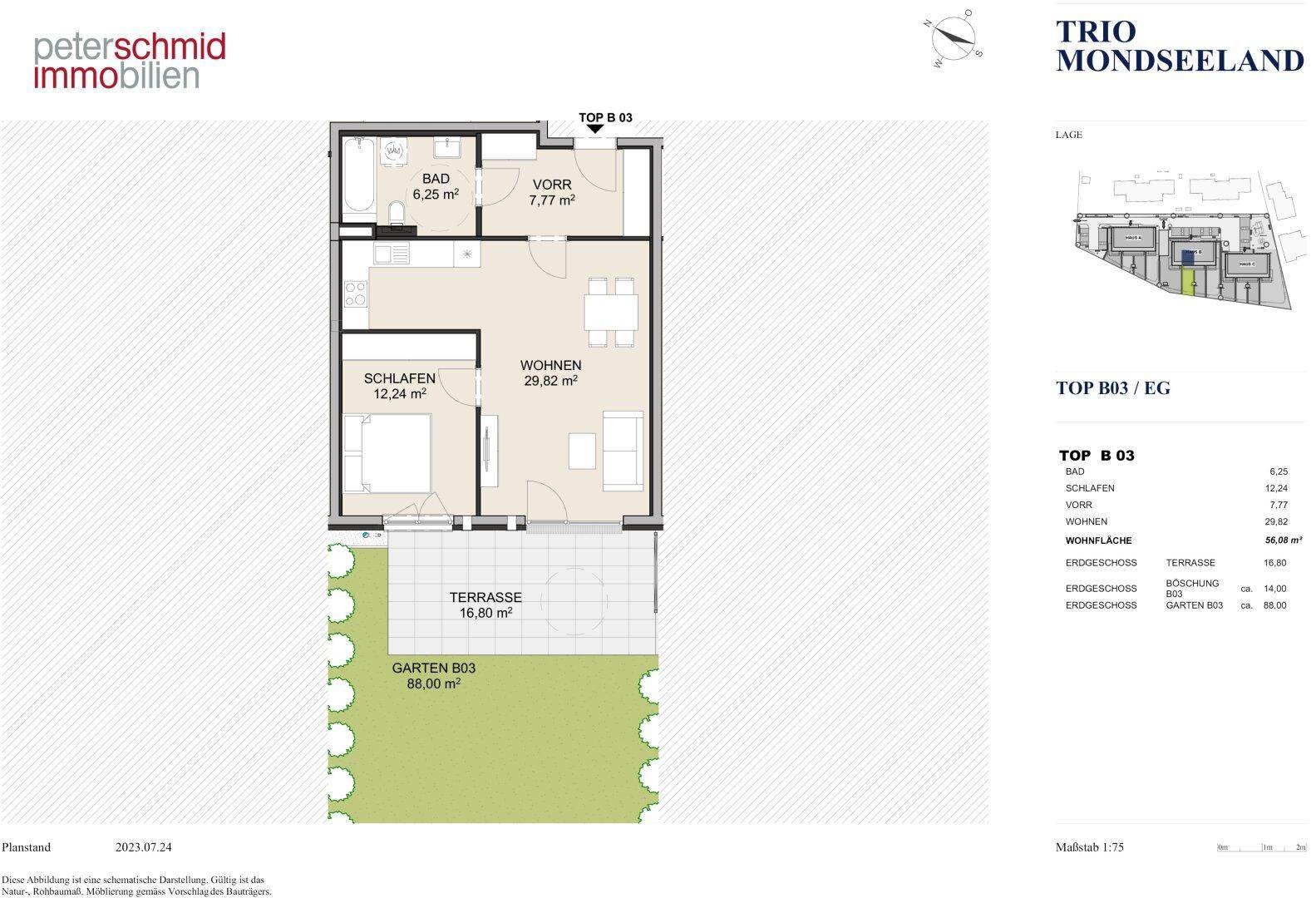 Grundriss einer Wohnung mit Schlafzimmer, Bad, Wohnbereich, Terrasse und Garten.