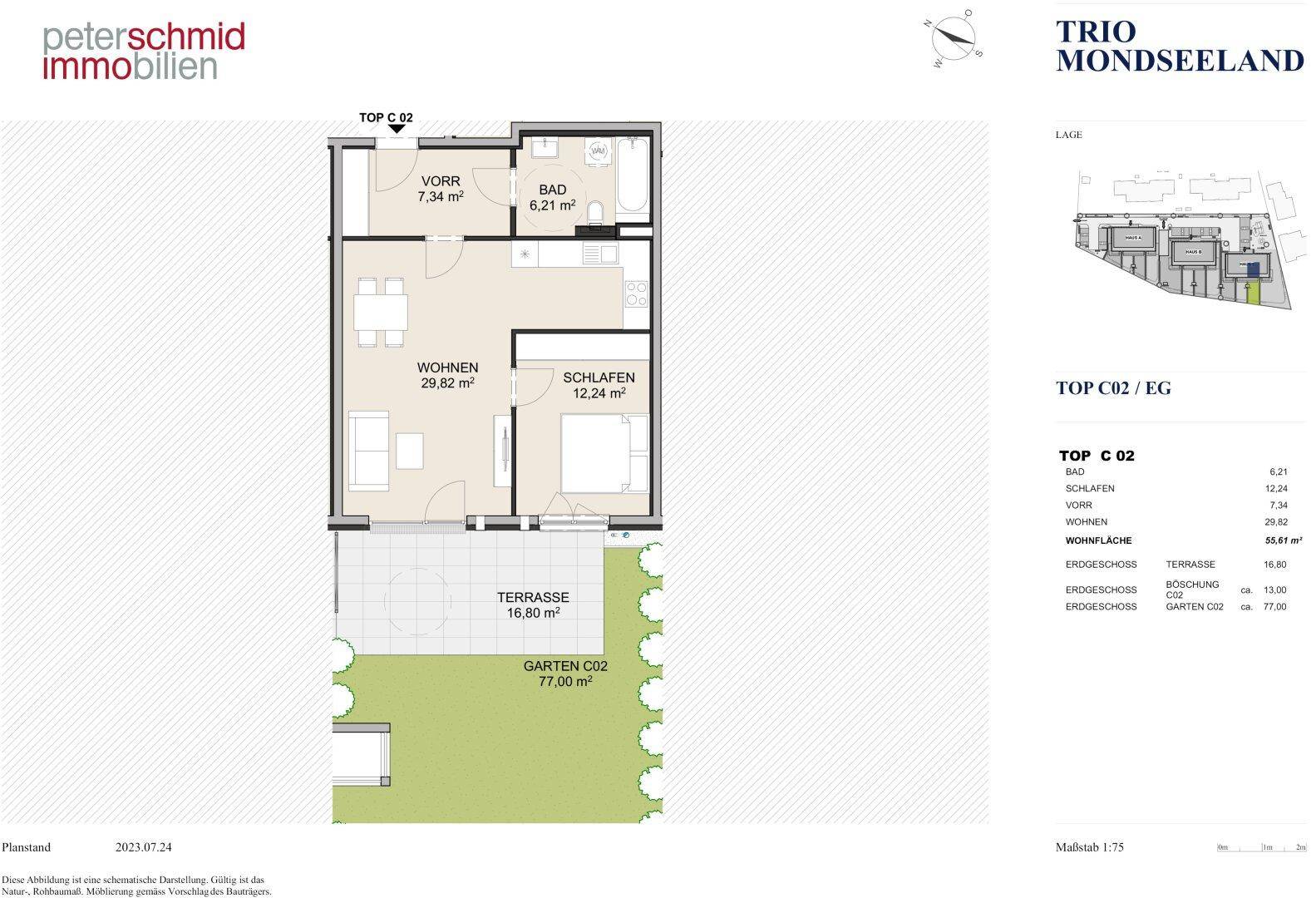 Grundriss einer Wohnung mit Wohnzimmer, Schlafzimmer, Bad, großer Terrasse und eigenem Gartenbereich.
