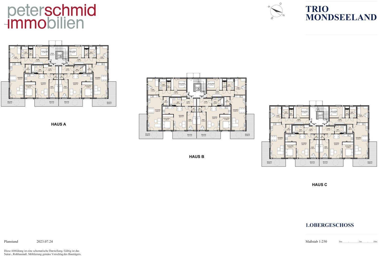 Übersicht der Grundrisse für das erste Obergeschoss der Gebäude A, B und C mit mehreren Wohneinheiten.