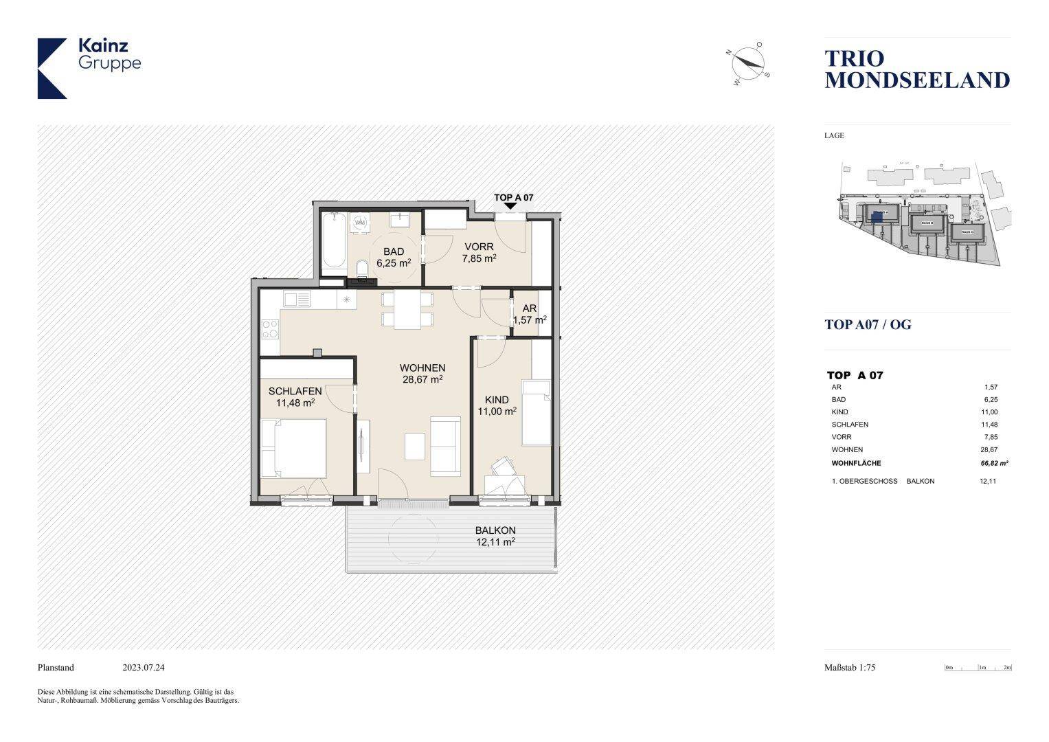 Grundriss der Wohnung TOP A 07 mit Schlafzimmer, Kinderzimmer, Bad und Balkon.