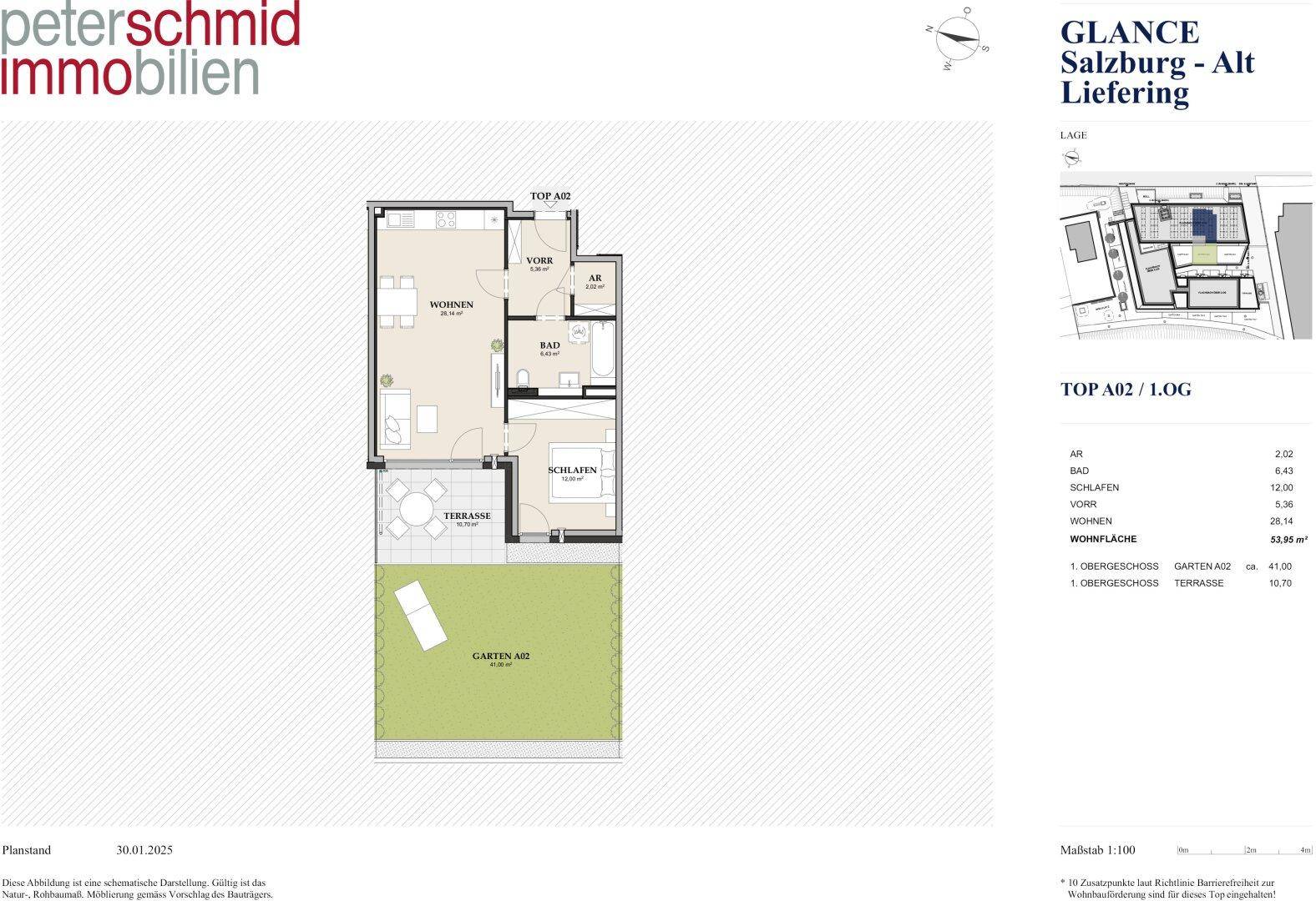 Grundriss einer modernen Wohnung mit Wohnbereich, Schlafzimmer, Bad, Terrasse und Garten.