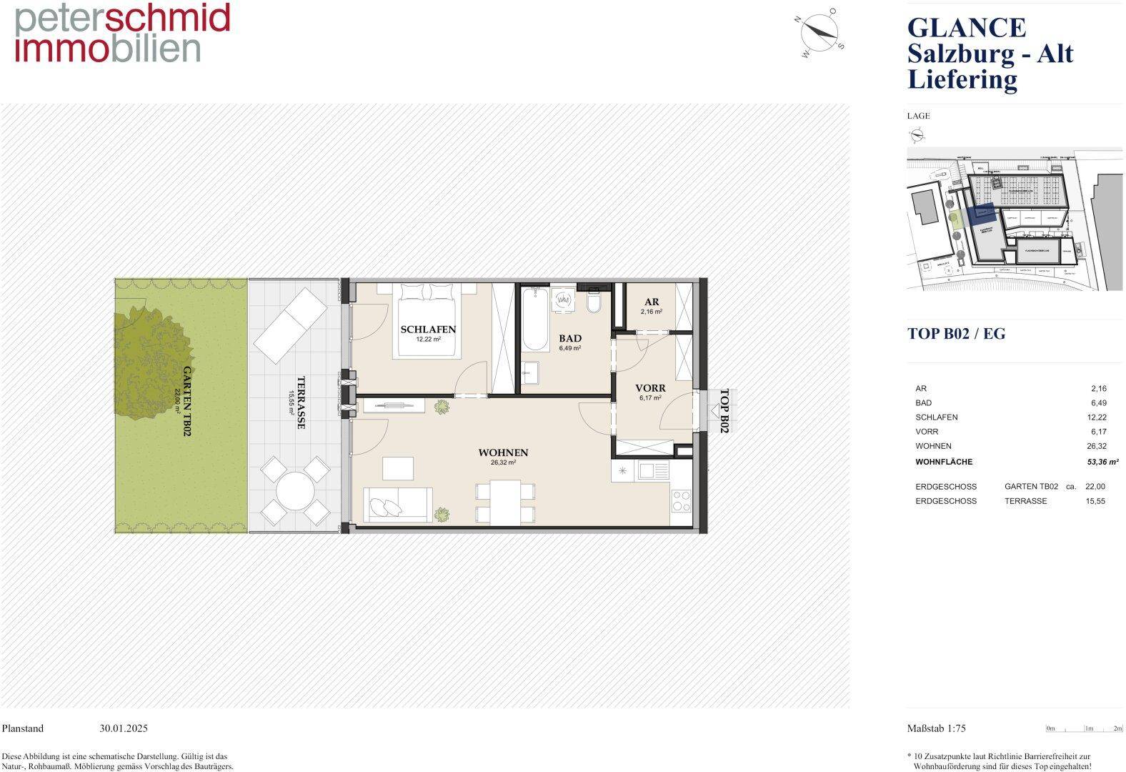 Grundriss einer Wohnung mit Wohnzimmer, Schlafzimmer, Bad, Abstellraum, Vorraum, Terrasse und Gartenbereich.