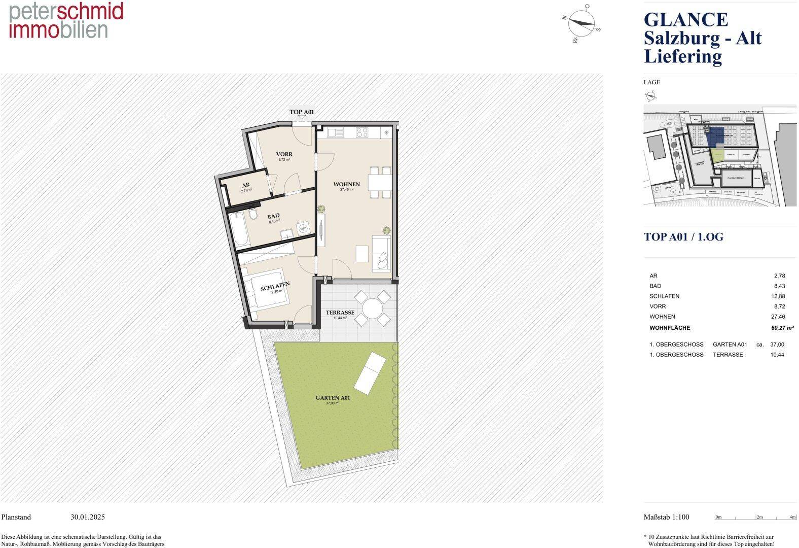 Grundriss einer Wohnung mit Schlafzimmer, Bad, Wohnbereich, Terrasse und Gartenanteil.