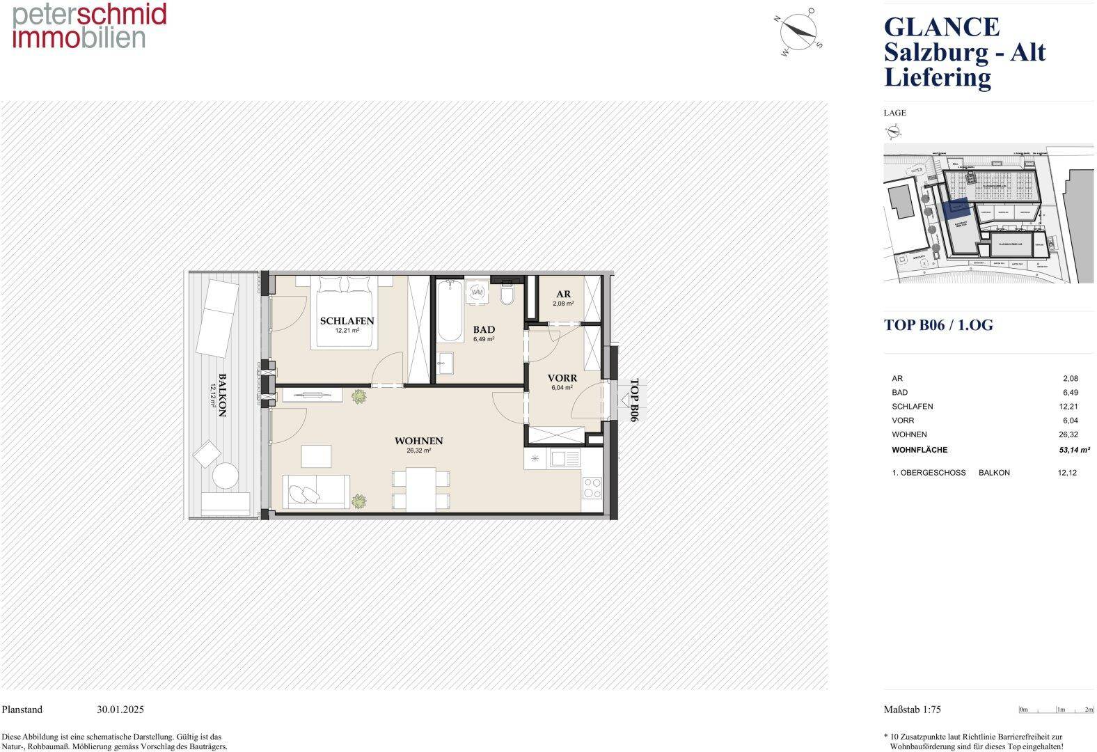 Grundriss einer Wohnung mit Schlafzimmer, Bad, Wohnbereich und Balkon.
