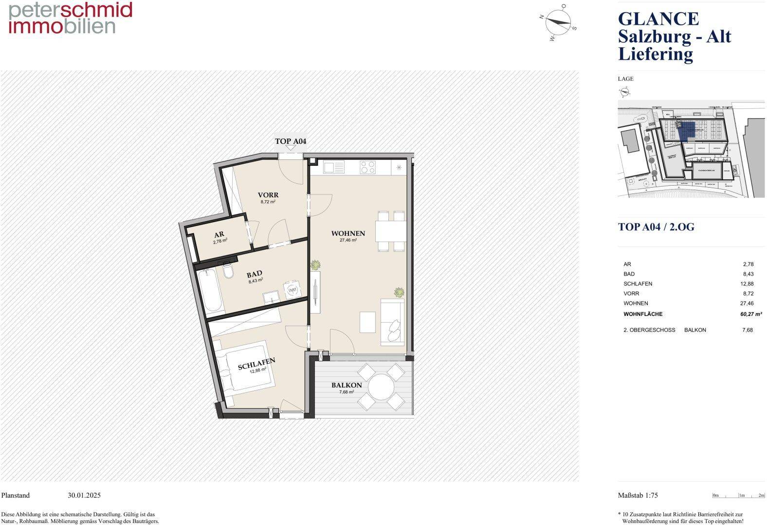 Grundriss einer Wohnung mit offenem Wohnbereich, Schlafzimmer, Bad und Balkon.