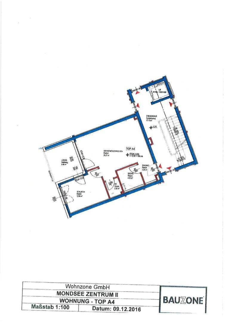 Grundriss der Wohnung Top A4 mit Wohn-Essbereich, Schlafzimmer und Loggia.