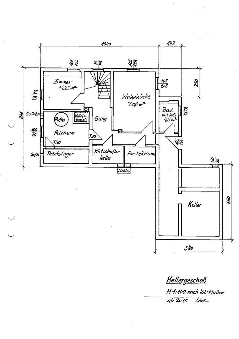 Grundriss des Kellergeschosses mit Heizraum, Wirtschaftsraum, Abstellraum und Keller.