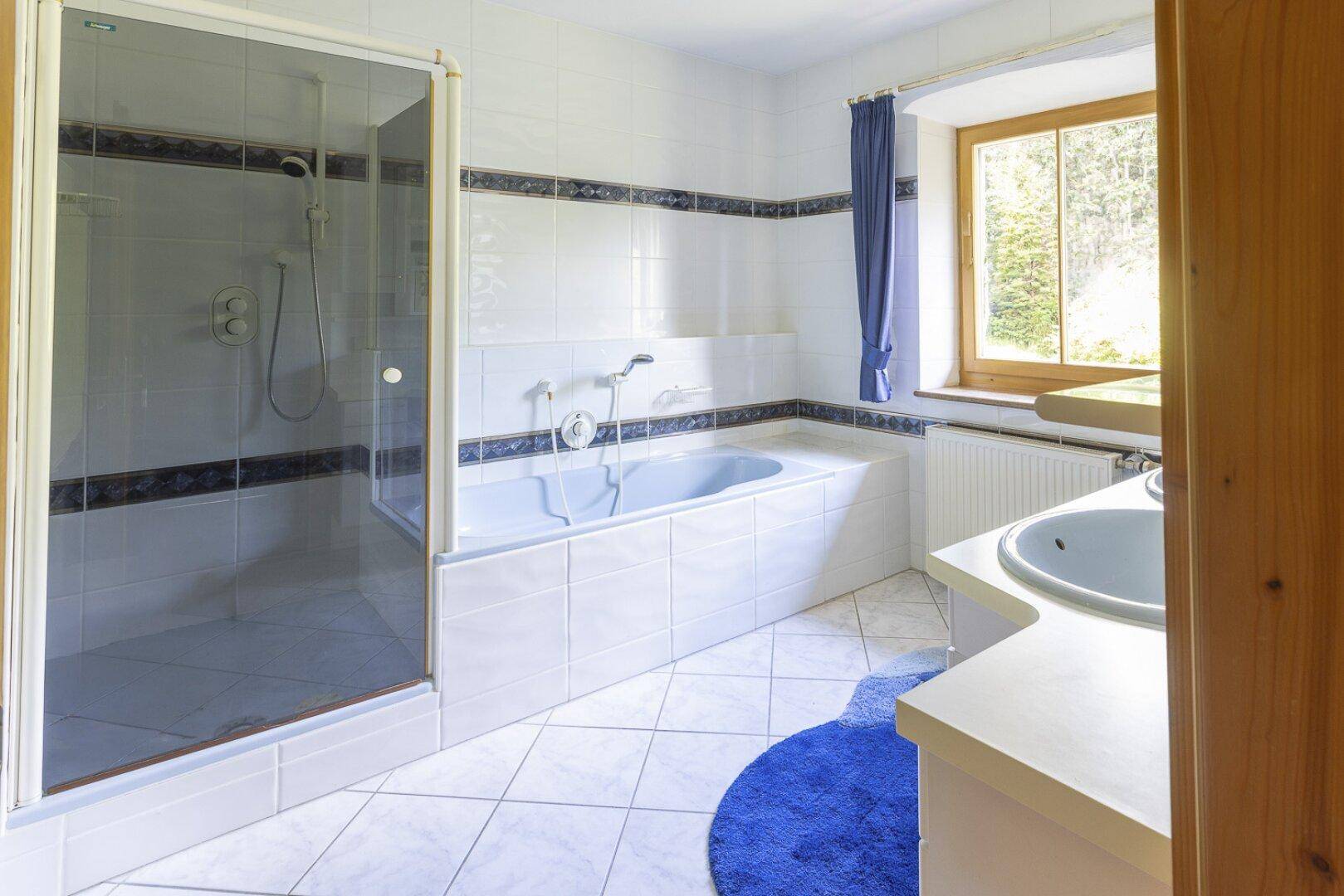 Badezimmer mit Badewanne, Duschkabine und Waschbecken, ausgestattet mit blauen Akzenten.