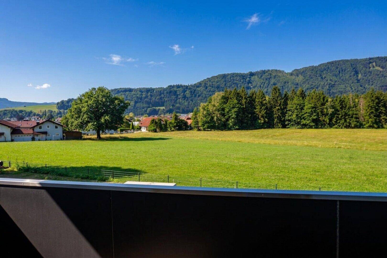 Panoramablick von einem Balkon über grüne Felder, Bäume und eine ländliche Siedlung.
