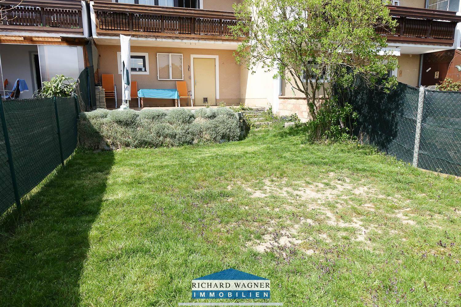 Gepflegte Rasenfläche im Garten mit Hecke und Zugang zur Terrasse des Hauses.