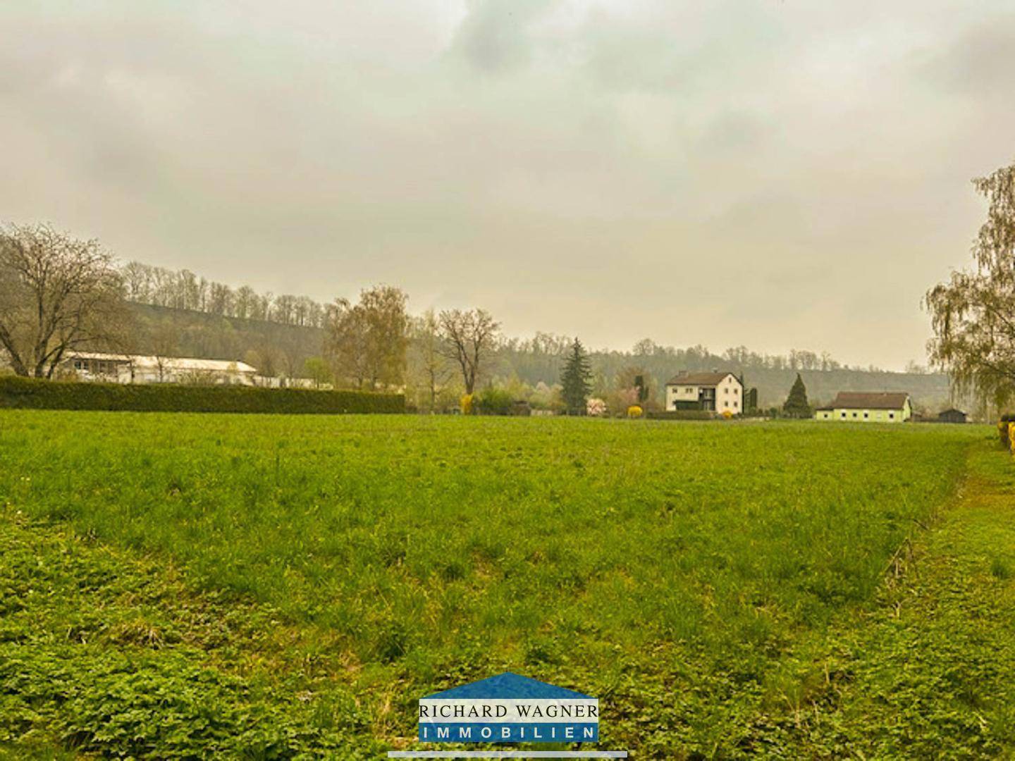 Weitläufiges grünes Feld unter bewölktem Himmel mit Häusern und Bäumen im Hintergrund.