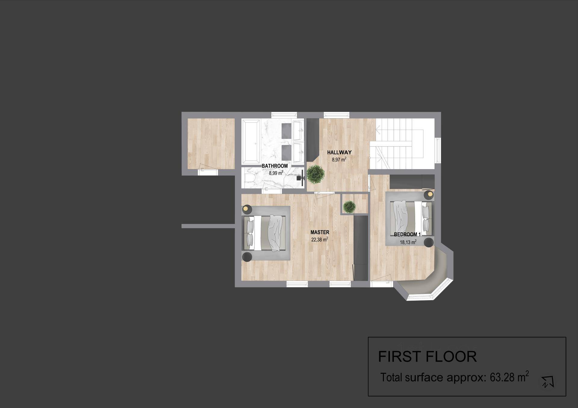 Grundriss des ersten Stocks mit Hauptschlafzimmer, weiterem Schlafzimmer und einem Badezimmer.