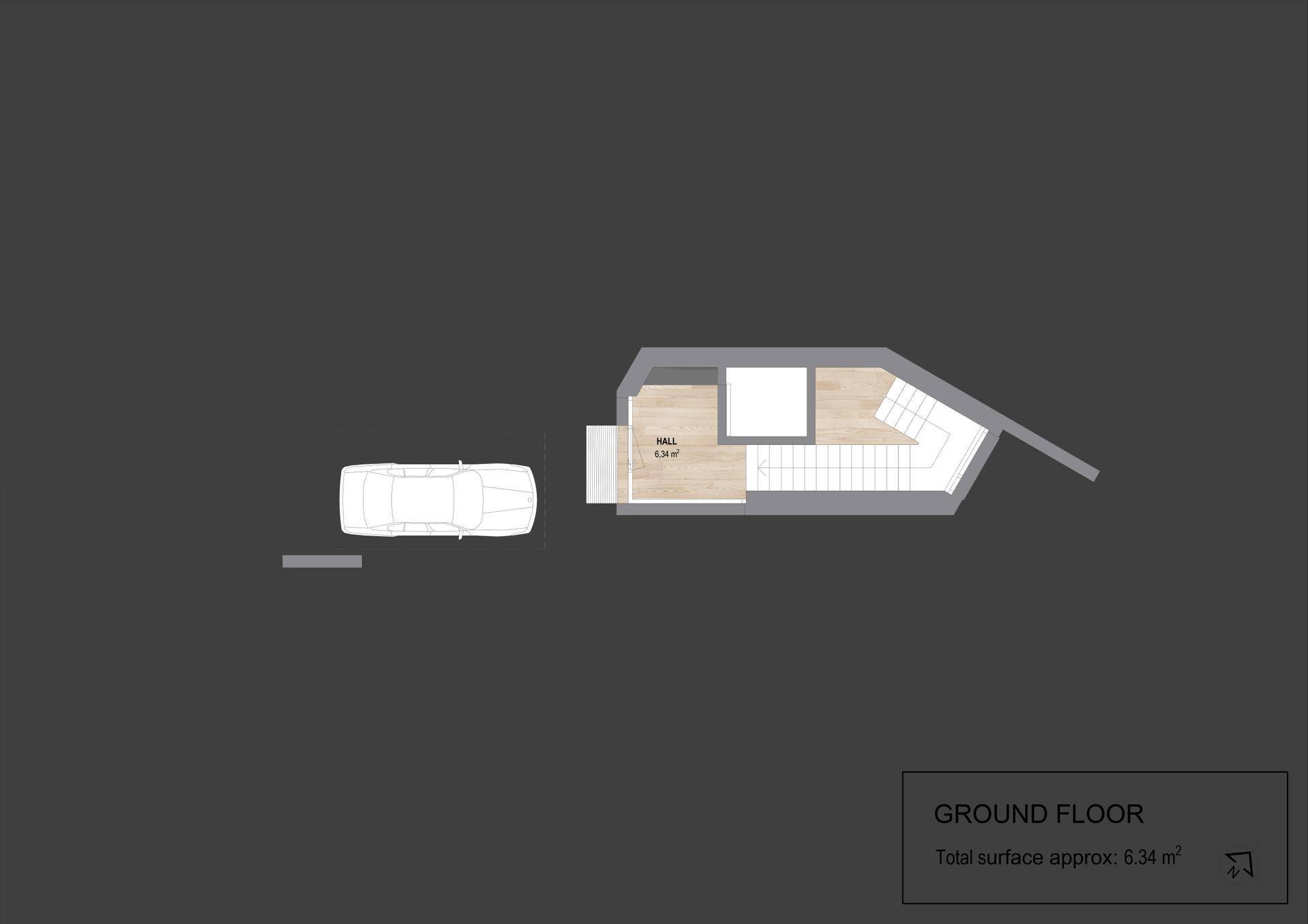 Grundriss des Erdgeschosses mit Eingangsbereich und Treppe.