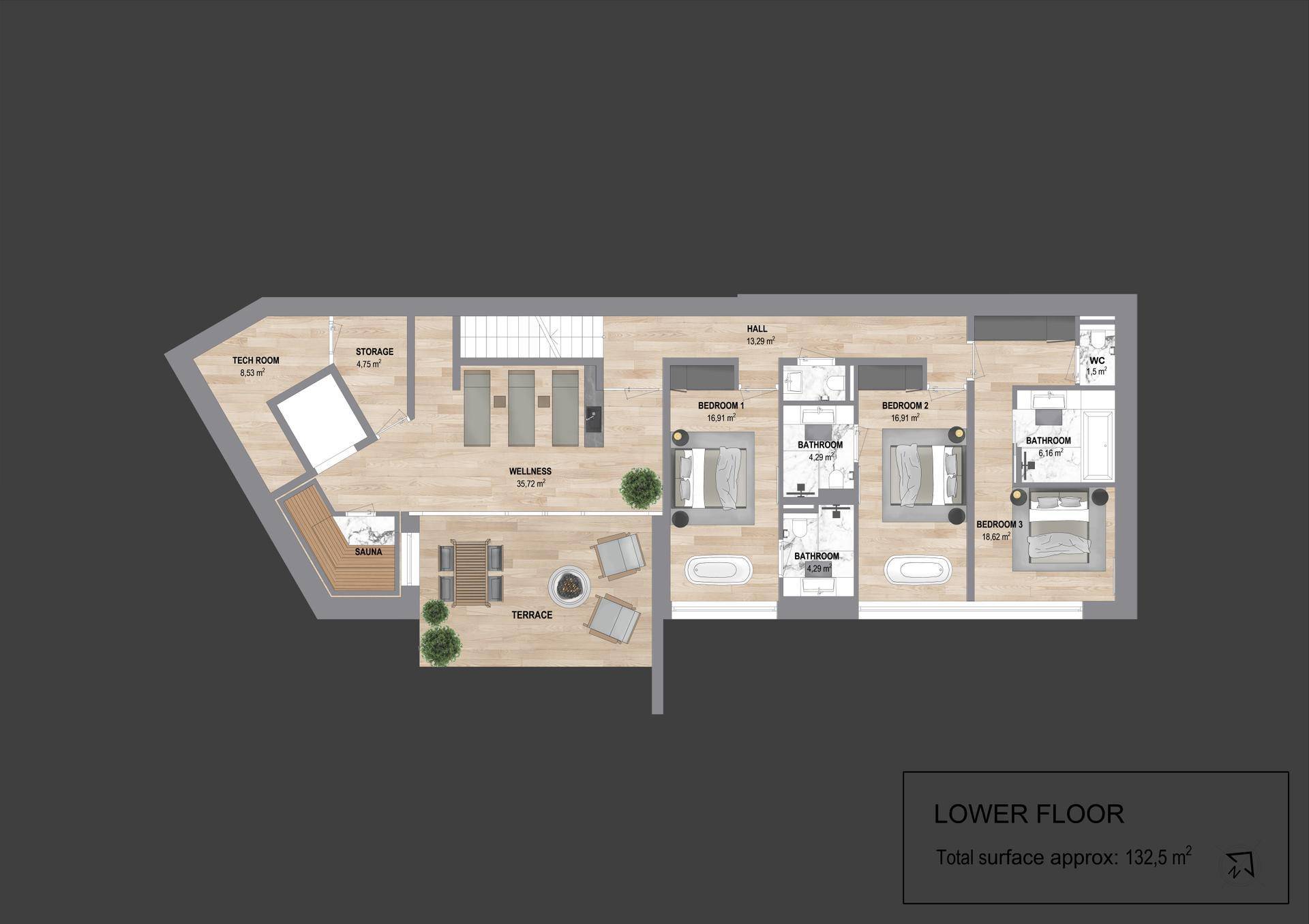 Grundriss des Untergeschosses mit Wellnessbereich, Sauna, Schlafzimmern und Bädern.