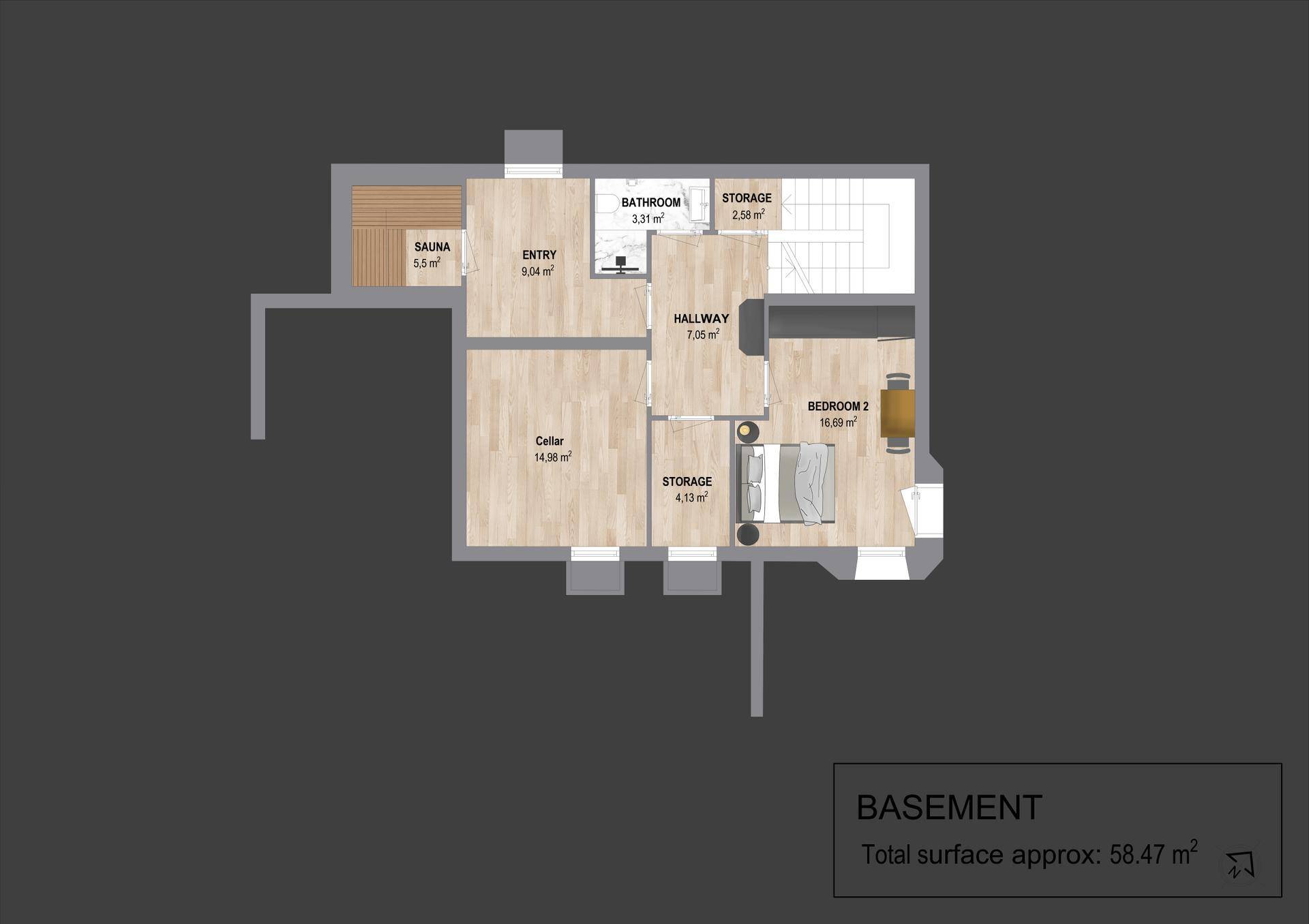 Grundriss des Kellers mit Sauna, zusätzlichem Schlafzimmer, Badezimmer und mehreren Abstellräumen.