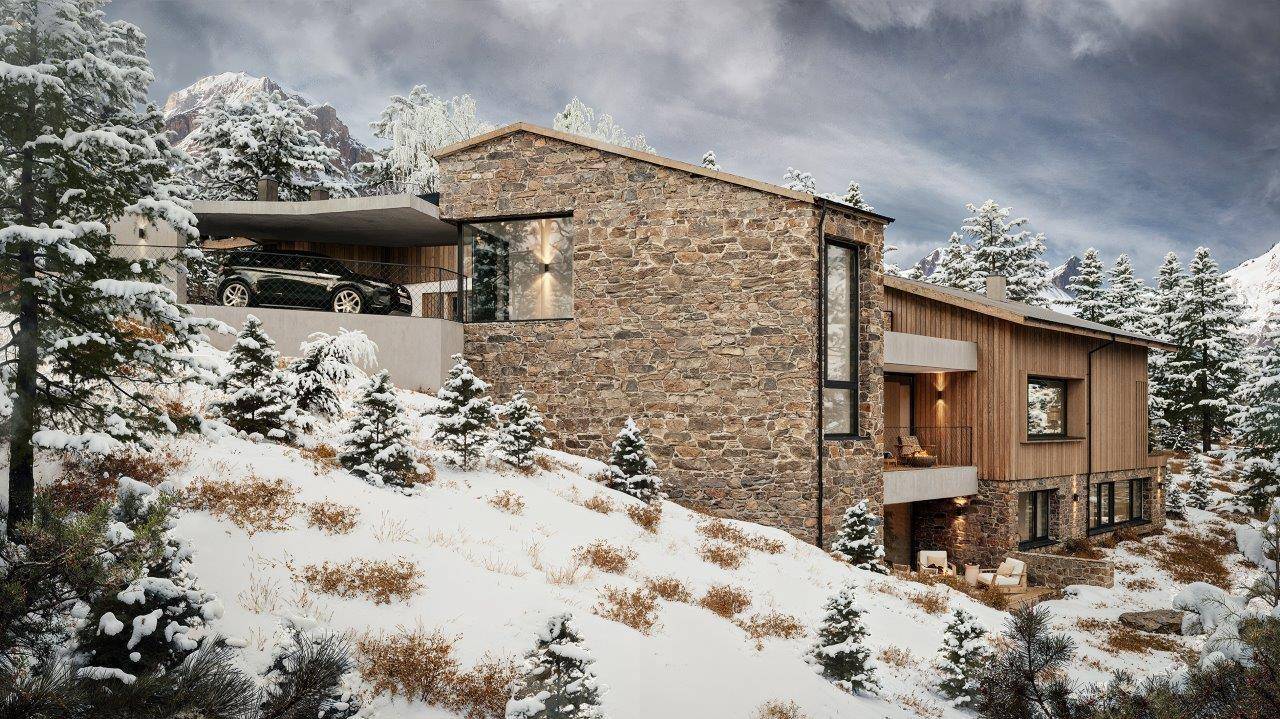 Moderne Chalet-Architektur mit Stein- und Holzfassade, großen Fenstern und Carport in verschneiter Berglandschaft.